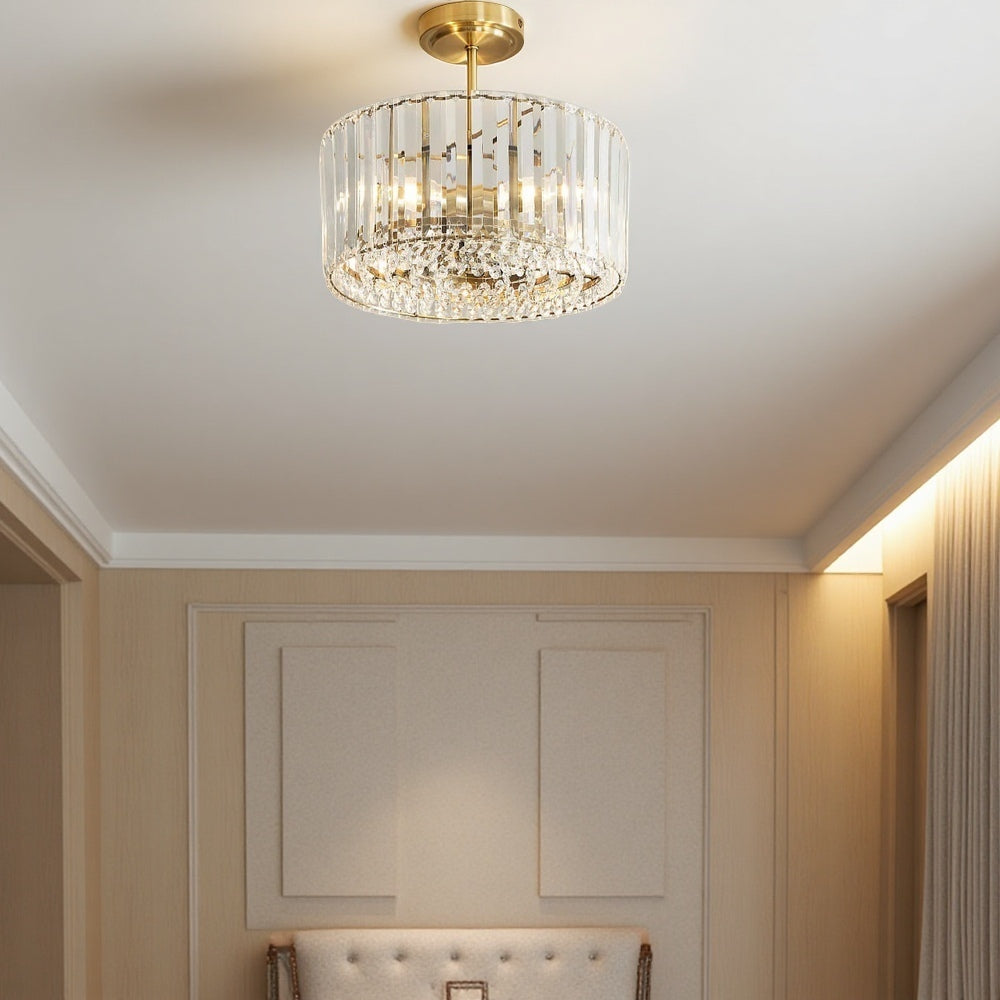 Crus Semi Flush Crystal Ceiling Light - Brass Glass Light For Bedroom