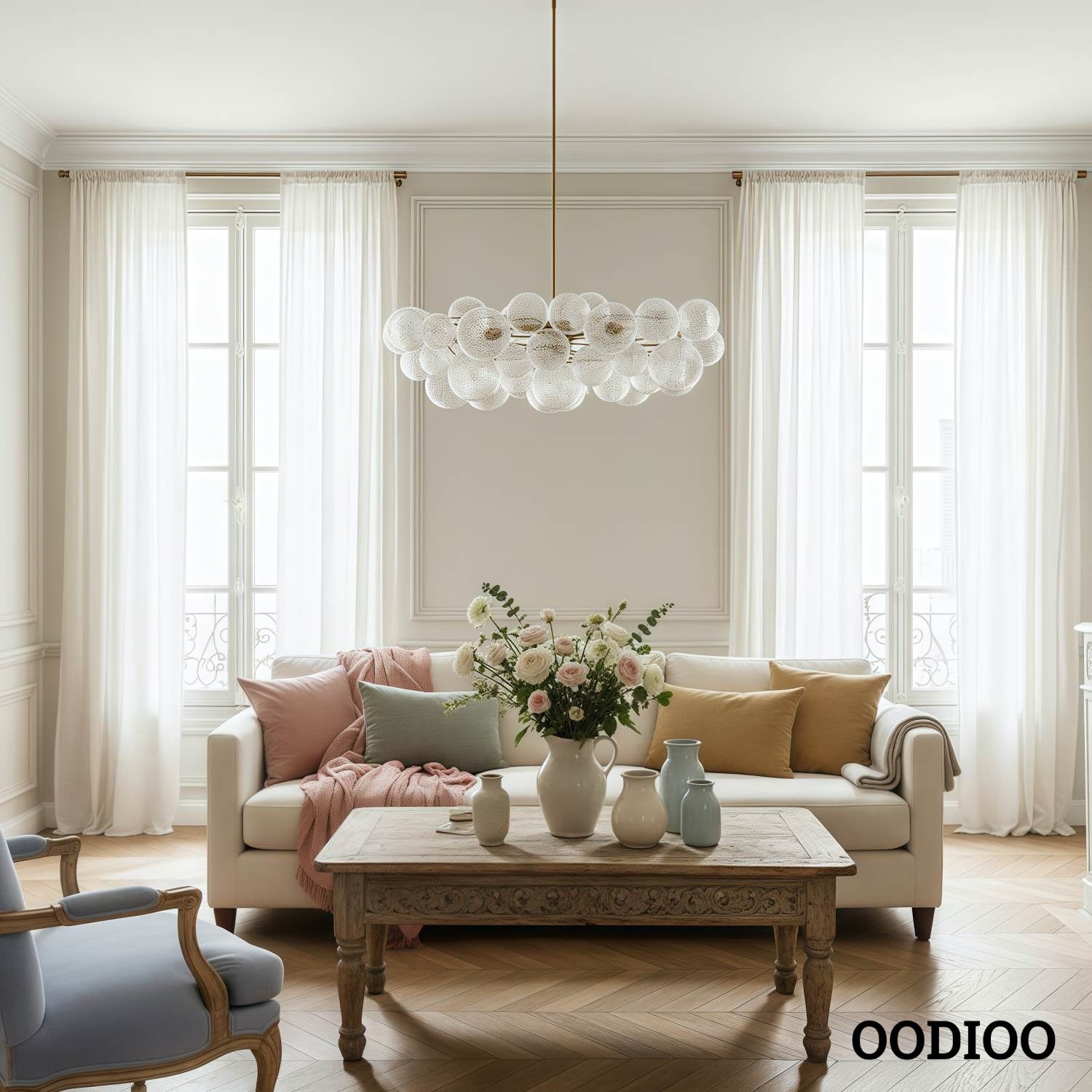 Bravira Vintage Brass Bubbled Glass Chandelier Ambient Lighting for Living Rooms and Commercial Spaces