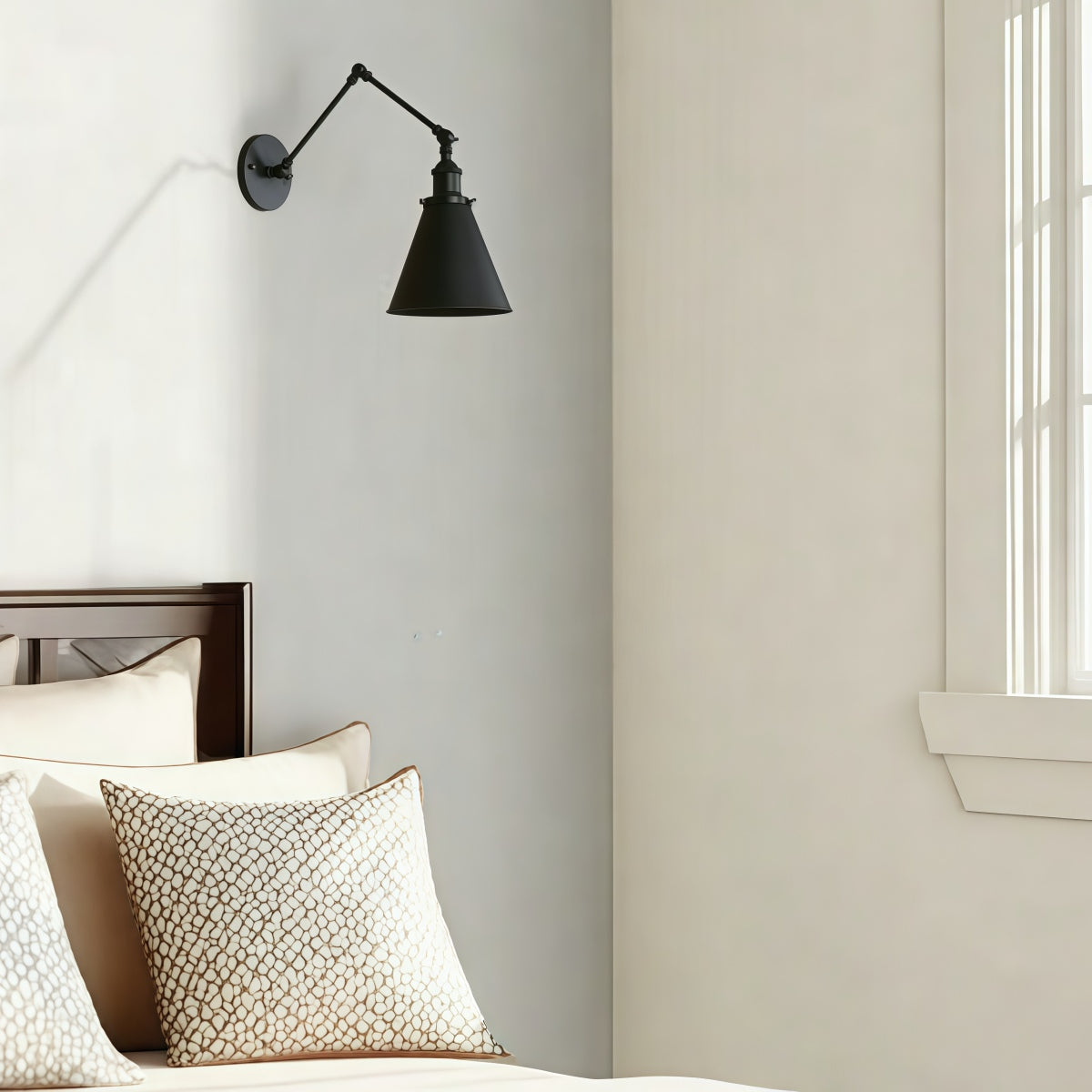 Industrial Swing Arm Wall Light – Black Adjustable Metal Farmhouse Lamp