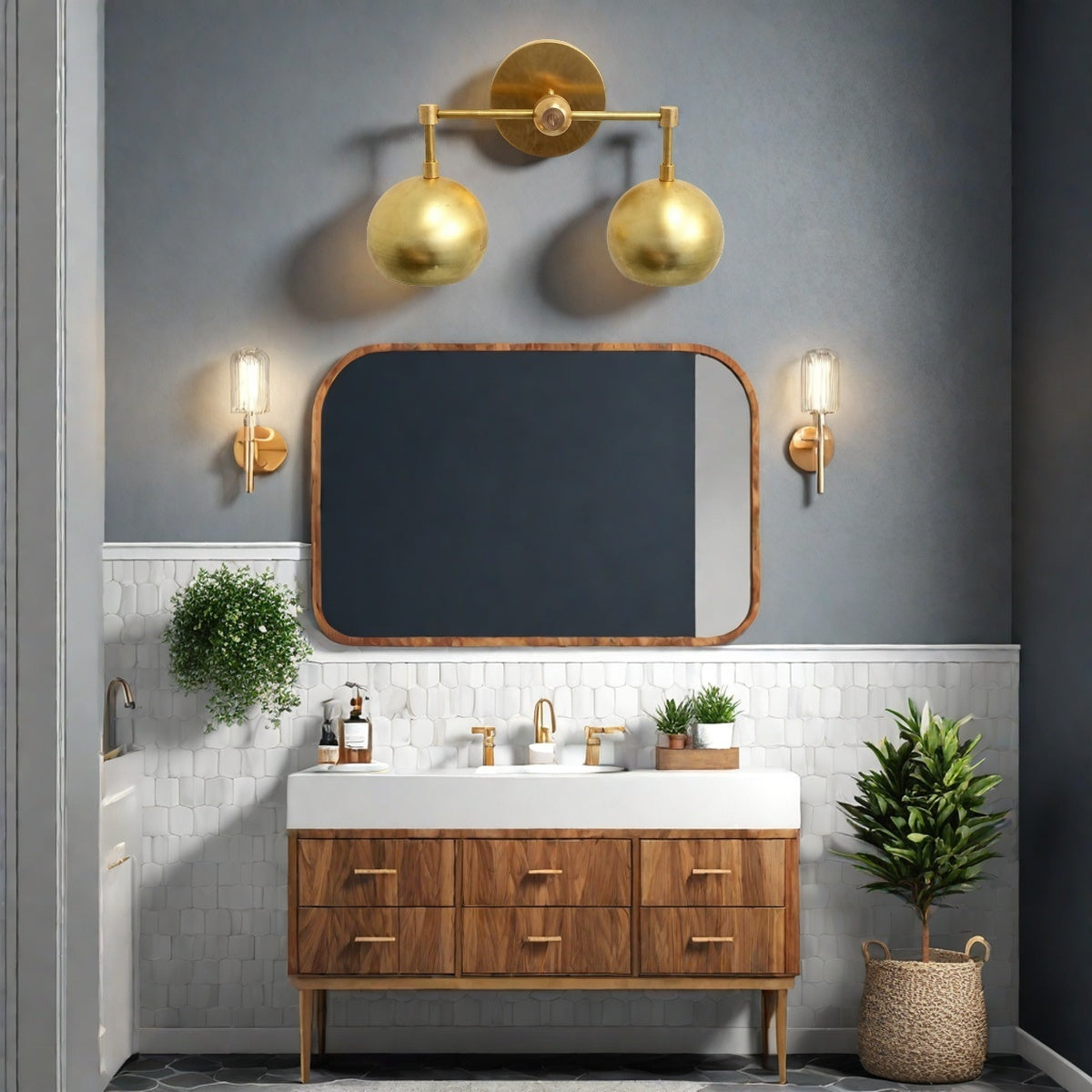 Raw Brass Wall Light - Double Ball Gold Metal Vanity Wall Sconce