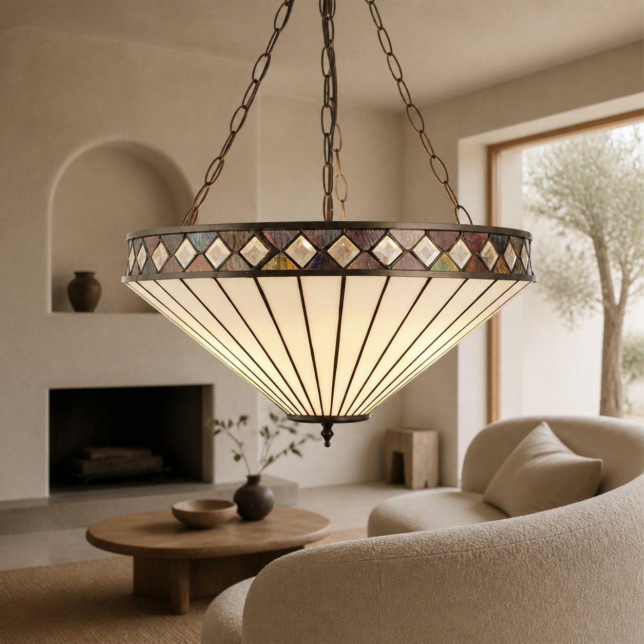 TF Fargo Adjustable Pendant with Stained-Glass Inspired Inverted Shade for Island and Dining