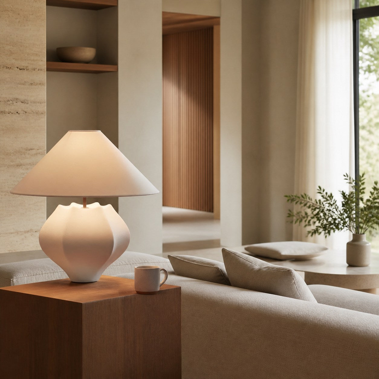 Cordove Table Lamp - Sculptural Ceramic Base and Linen Shade Suitable for Living room, Bedroom or Side Table