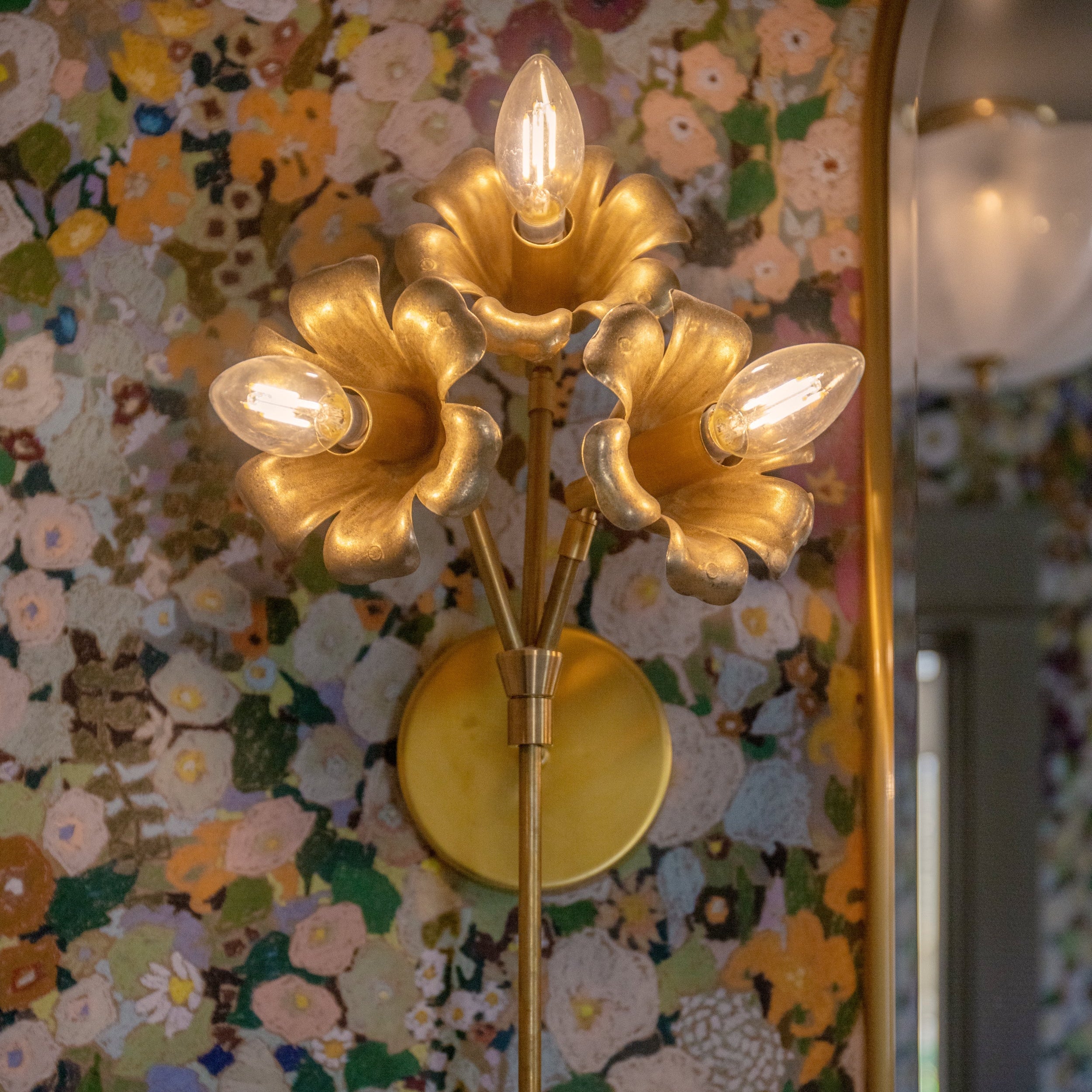Three-Light Brass Wall Sconce - Floral Design for Elegant Interiors