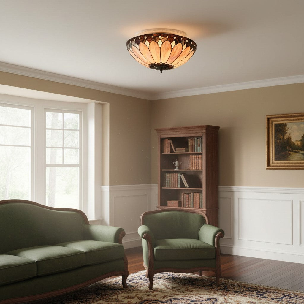 TF Brooklyn Tiffany Glass Flush Mount Ceiling Light - Art Deco Design for Hallway or Living Room