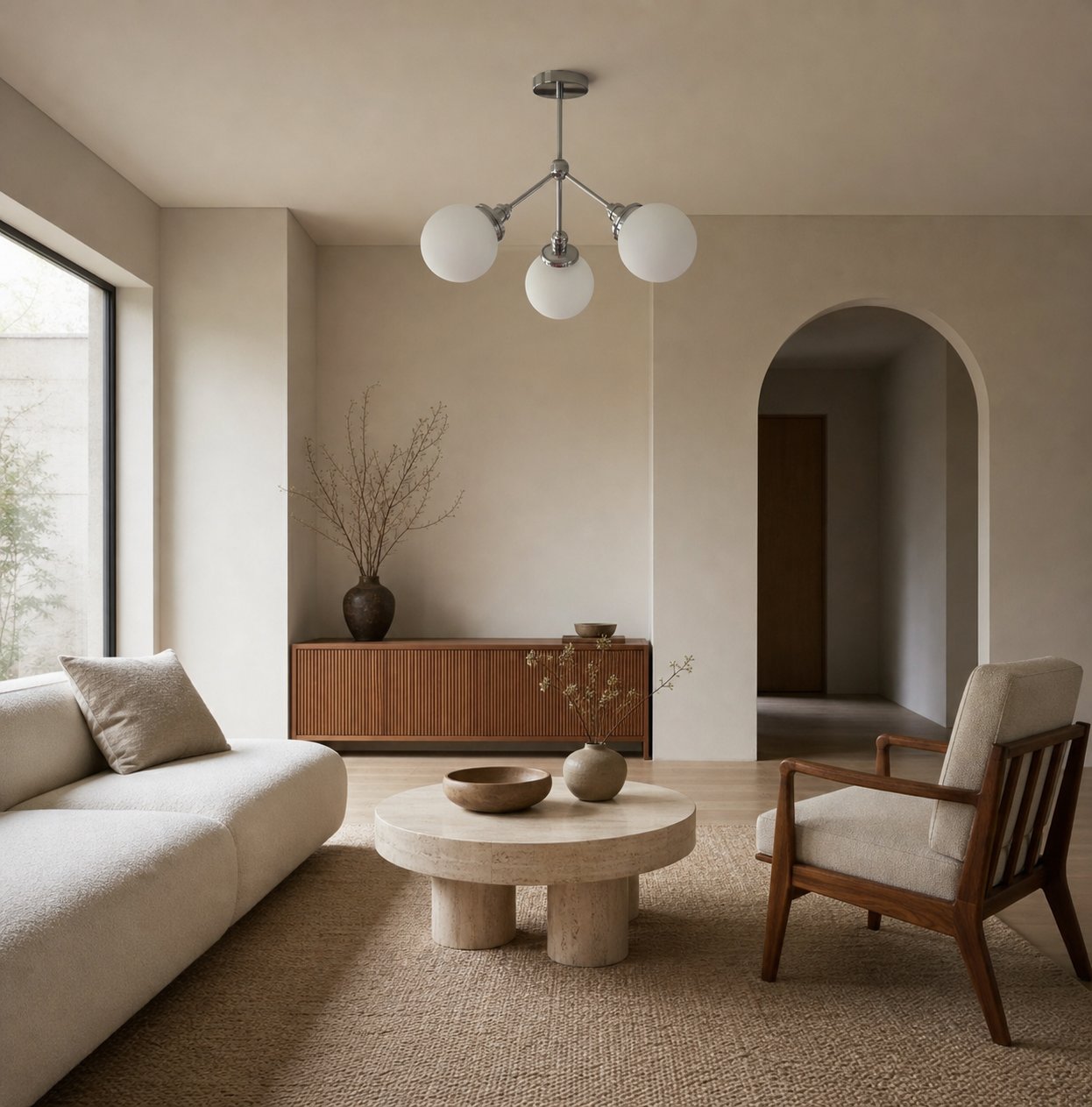 Glorica Glass Chandelier - Brass Globe Ceiling Light with Opal Shade