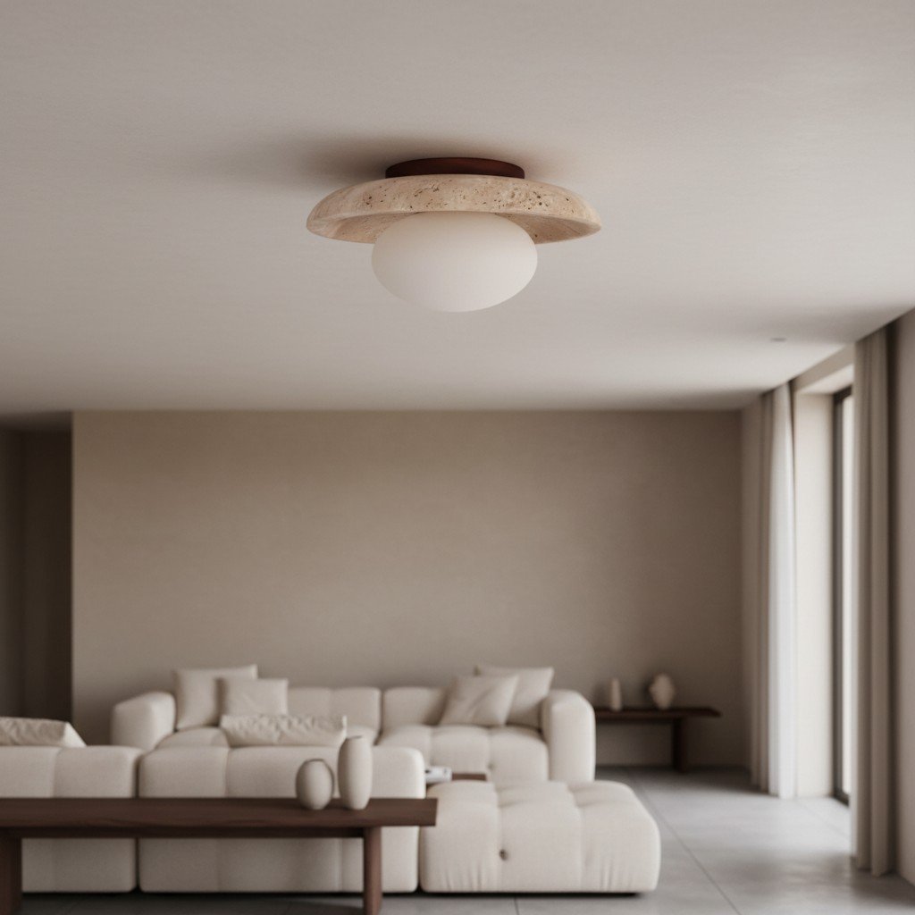 Calivra Modern Travertine Round Ceiling Light - Minimalist Flush Mount Lamp for Hallway and Bedroom
