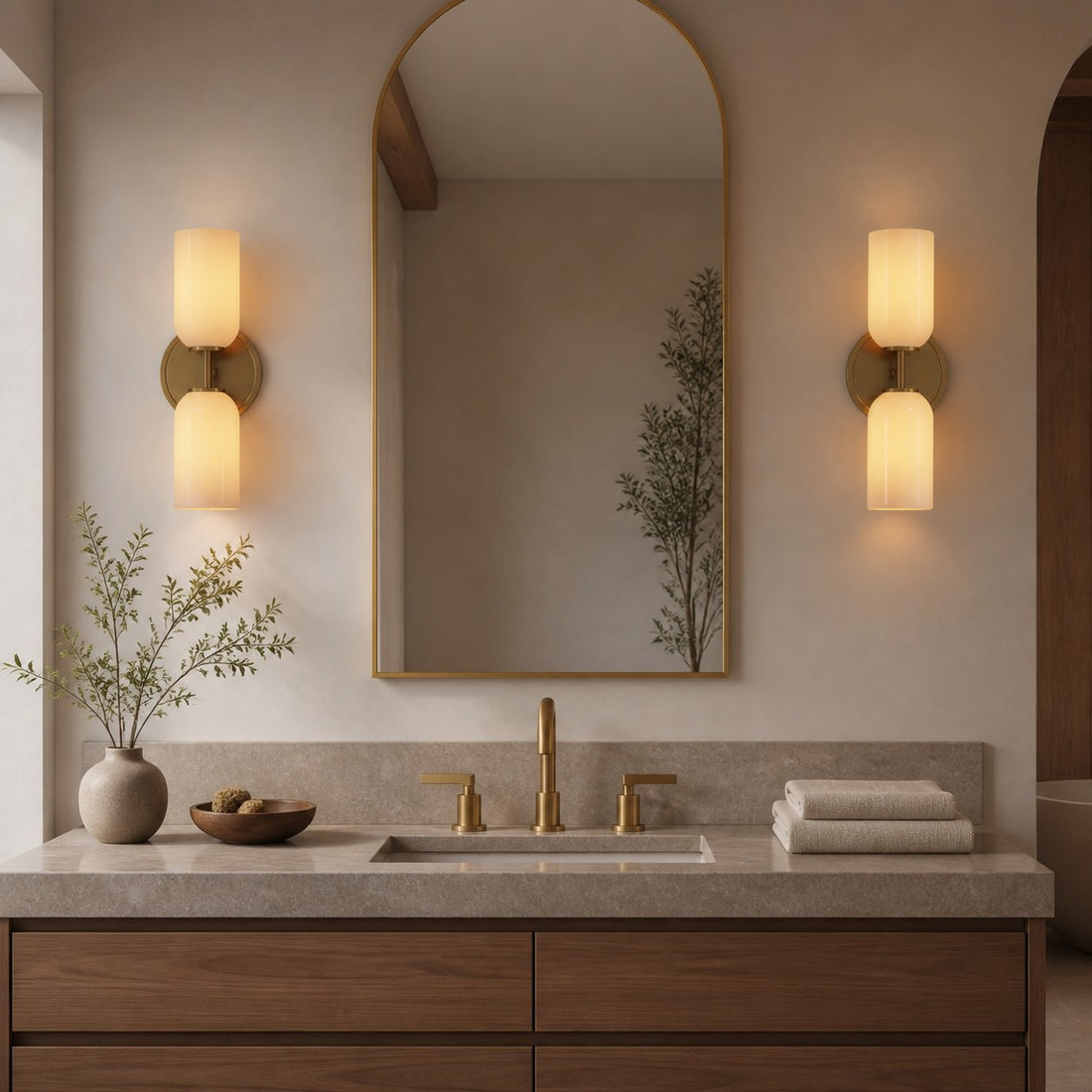 Vega Glass 2 Light Wall Sconce with Champagne Glass Shades - Modern Metal Frame Wall Light for Bathroom & Hallway