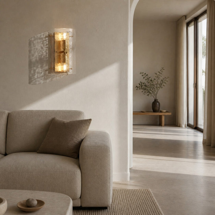 Panellux Modern Wall Fitting - Organic Textured Glass Panel Vintage Brass Look for Corridor