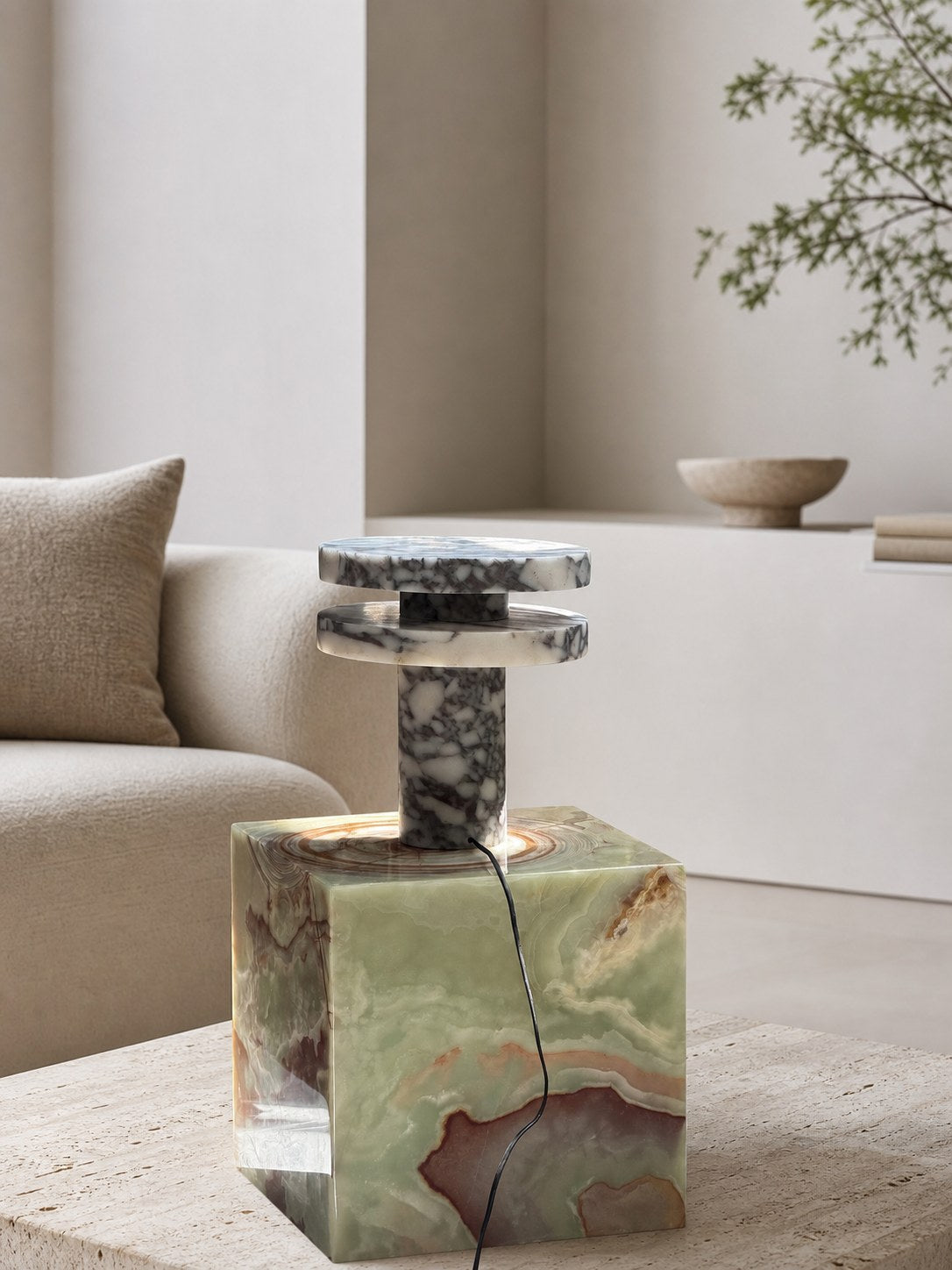 Modern Sculptural Table Lamp with Cylindrical Base Design for Bedroom Bedside and Living Room Use