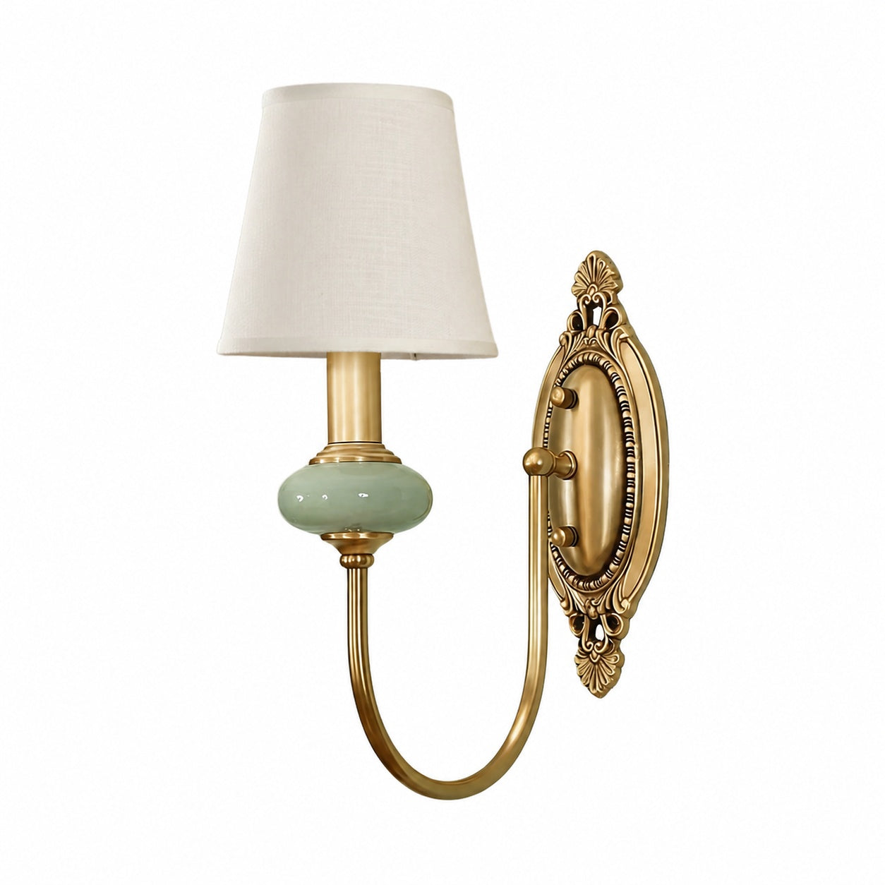 Rowanea Ceramic Wall Sconce with Fabric Shade and Metal Finish – Farmhouse Modern Hallway Light