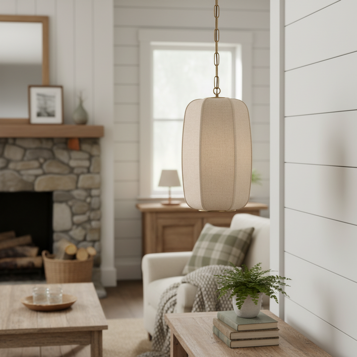 Loomis Tall Pendant - Textured Linen Shade Aged Brass Pendant for Dining Room and Kitchen