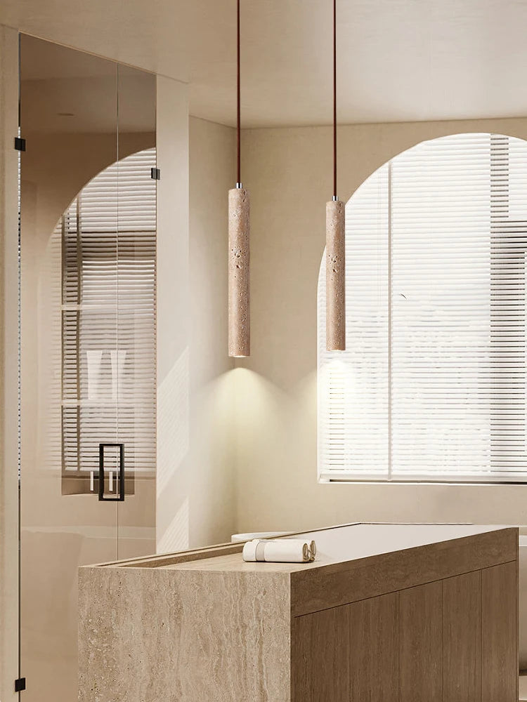 Japanese Wabi Sabi Yellow Travertine Cylinder 1-Light Pendant Light