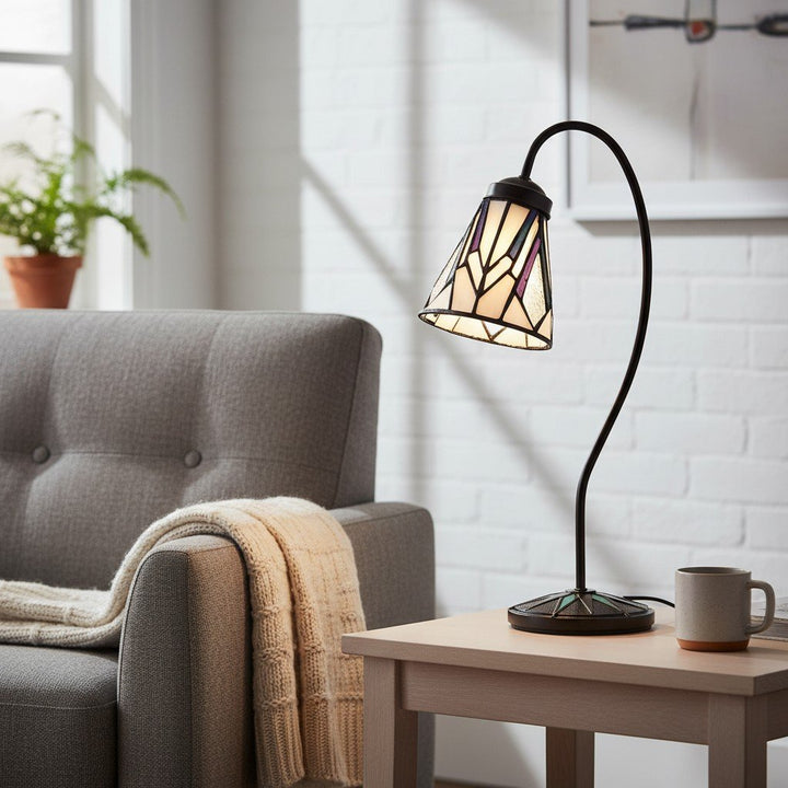 TF Astoria Tiffany Table Lamp – Curved Swan-Neck Arm Art Deco Glass Shade for Desk