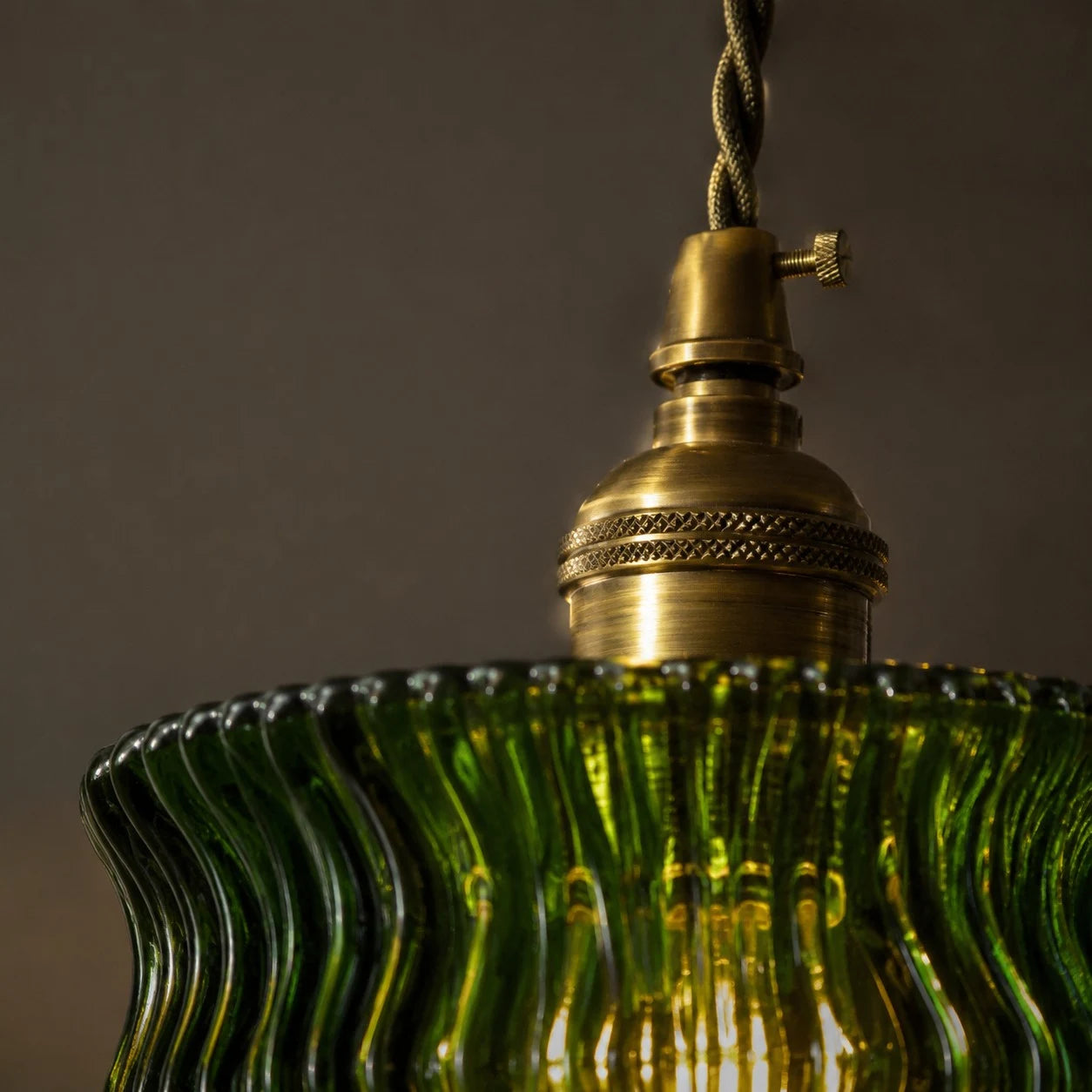 Vintage Ripple Glass Pendant Light With Warm Brass Accent