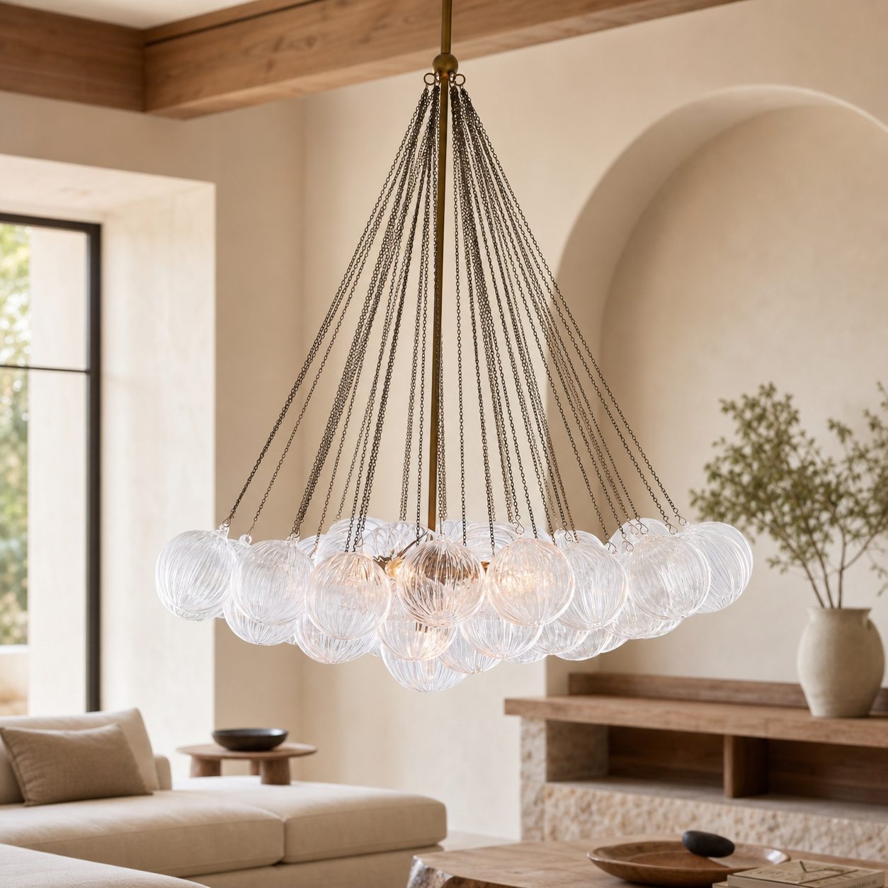 Bravira Glass Bubbled Chandelier - Vintage Brass Oval Glass Lighting
