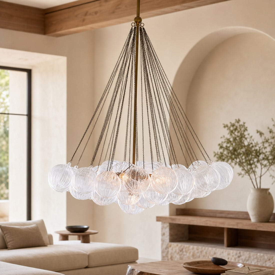 Bravira Glass Bubbled Chandelier - Vintage Brass Oval Glass Lighting