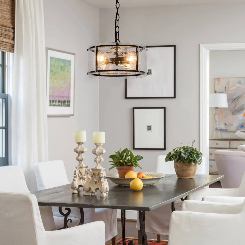 Water Ripple Drum Pendant Light - Matte Black Clear Glass 3-Light Chandelier