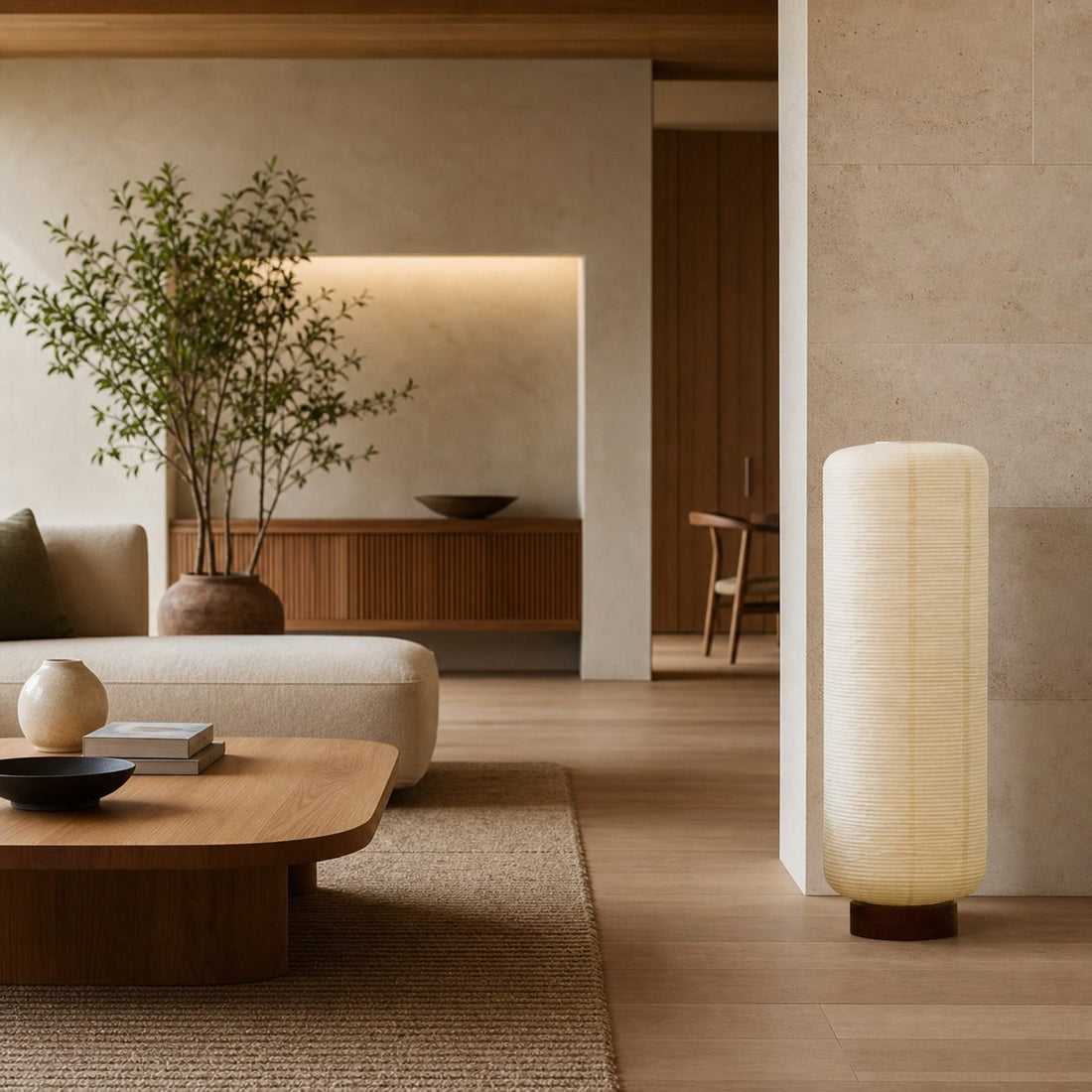 Tivo Minimalist Ribbed Floor Lamp - Simple Solid Wood Base with Paper Lampshade Suitable for Living Room and Bedroom