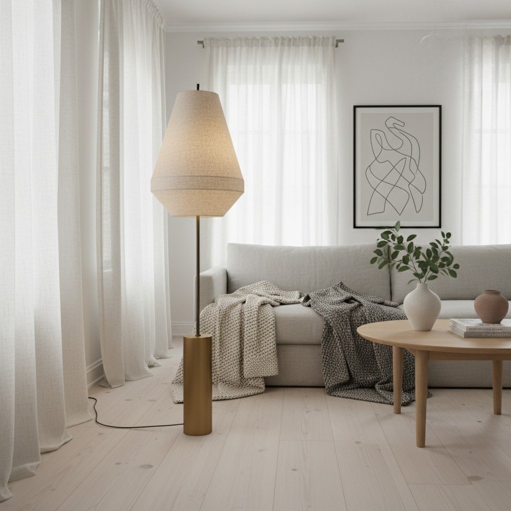 Zalen Floor Lamp - Layered Linen Pendant Design Aged Brass-Metal Lamp for Living Room
