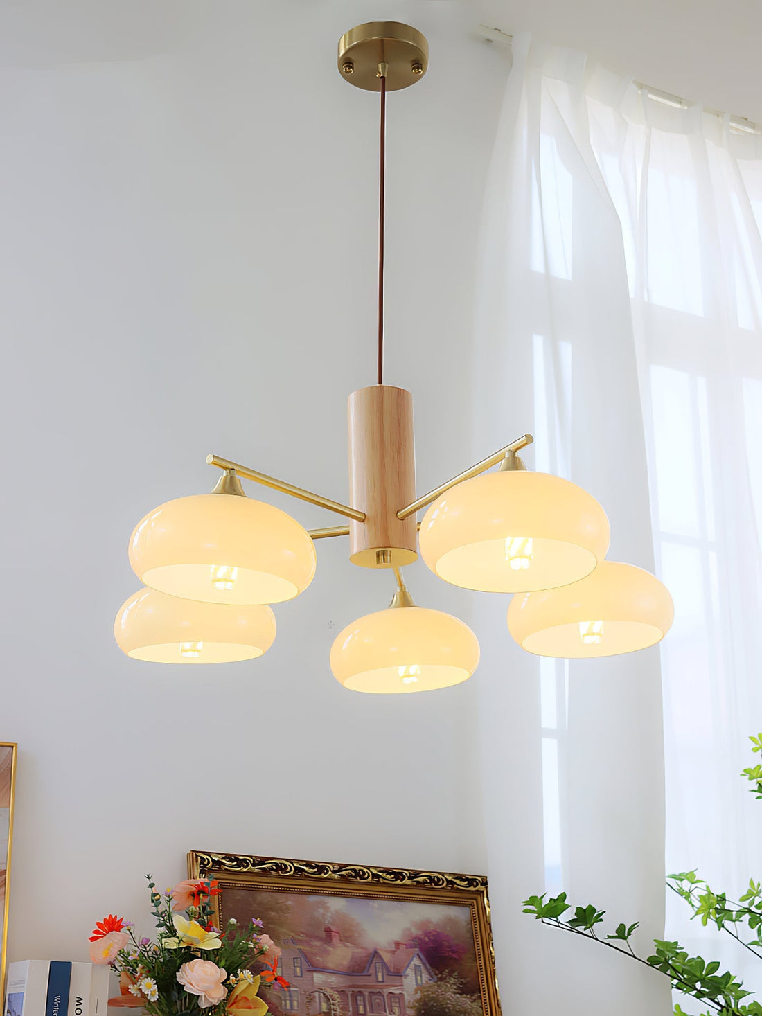 Bowl Shaped Multi - Head Chandelier With Wooden Decoration
