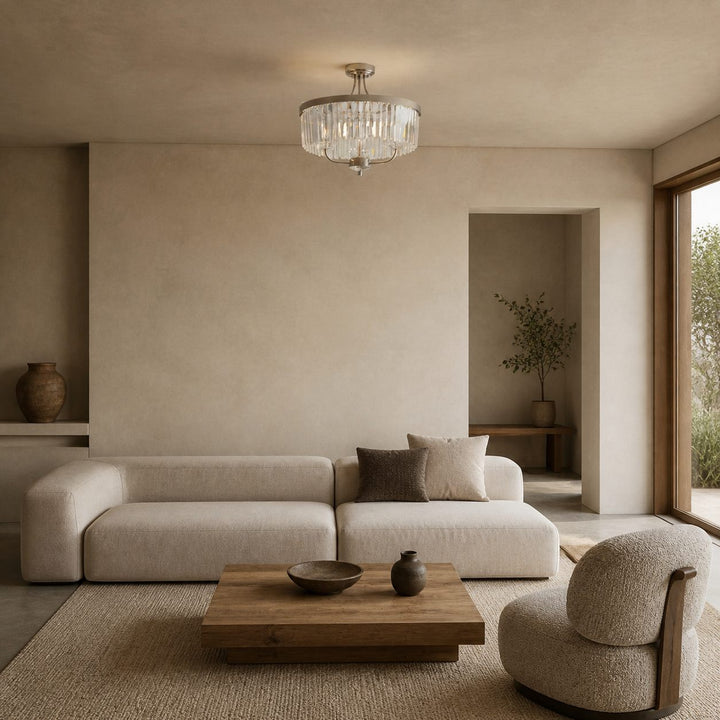 Beveline 3 Light Round Semi Flush - Faceted Cut Glass Shade Metal Finish for Hallways and Bedrooms