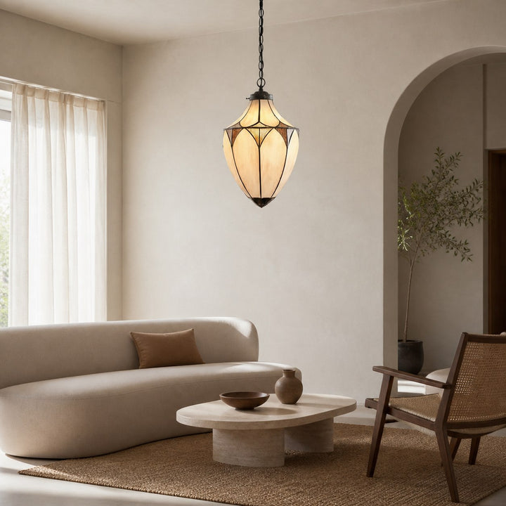 TF Brooklyn Acorn Stained Glass Design 1-Light Pendant Lamp – Tiffany Vintage Style for Dining and Entryway