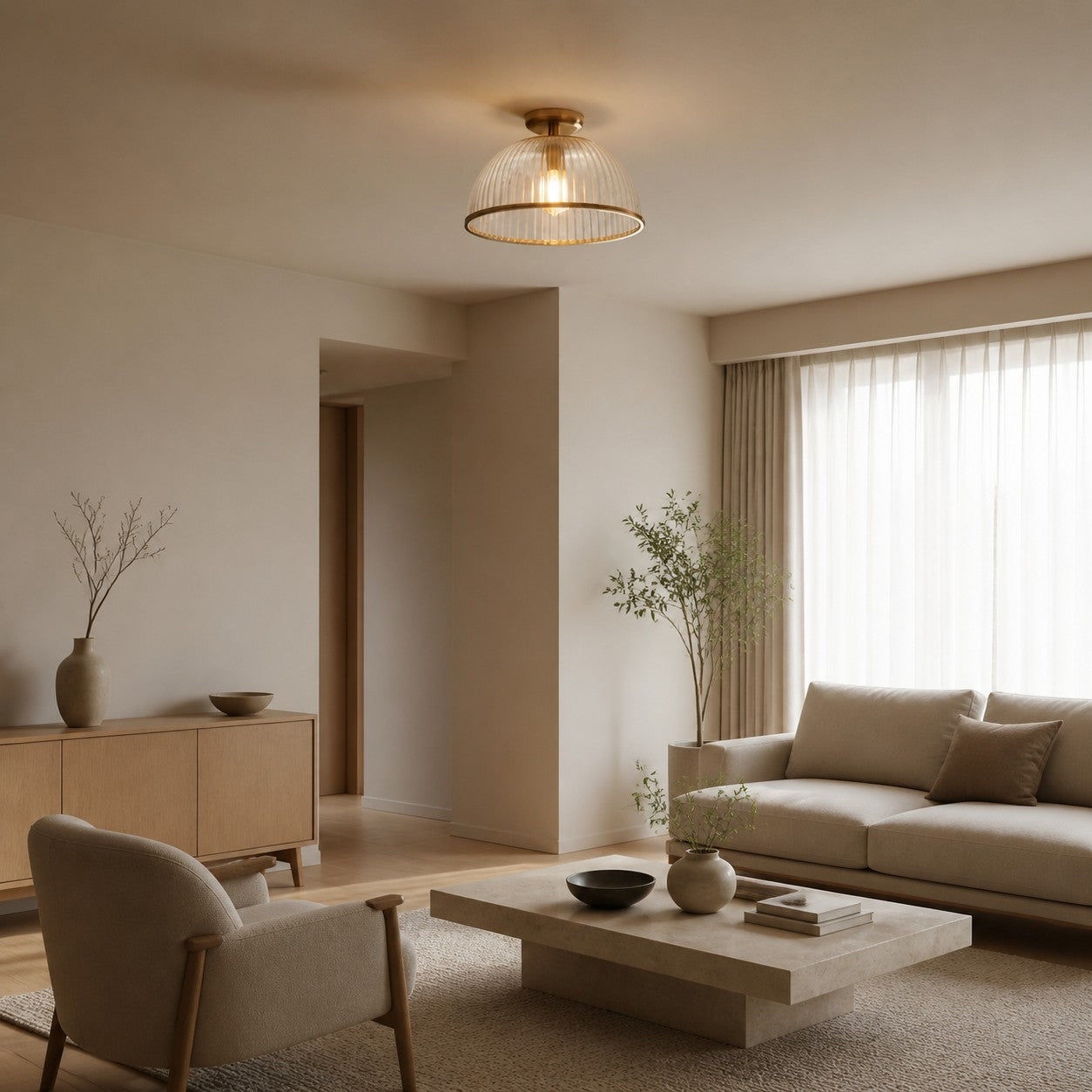 Luntra Ribbed Glass Uplighter Flush – Elegant Ceiling Light for Hallways and Bedrooms