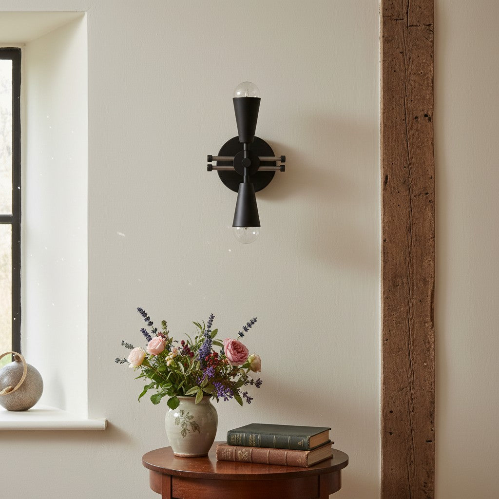 Pyralis Cone Dual Brushed Brass Cone Wall Sconce – Art Deco Vanity Light for Bathroom