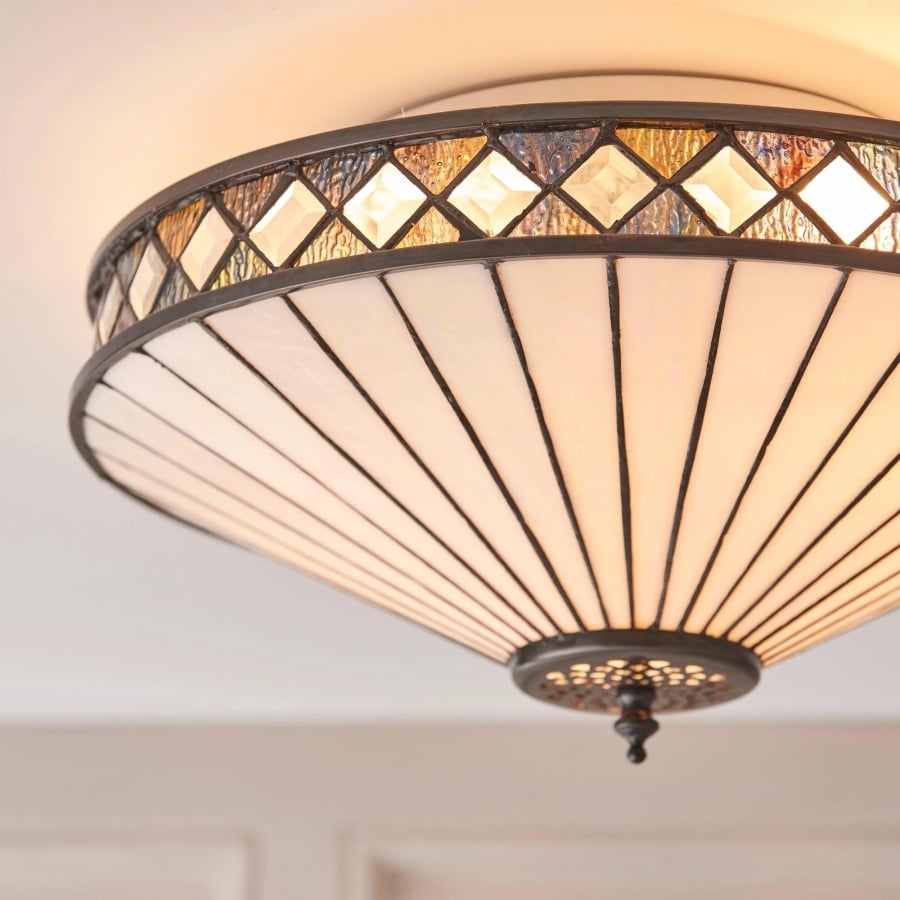 TF Fargo Geometric Flush Mount Light - Handcrafted Art Deco Stained Glass Lamp for Entryway