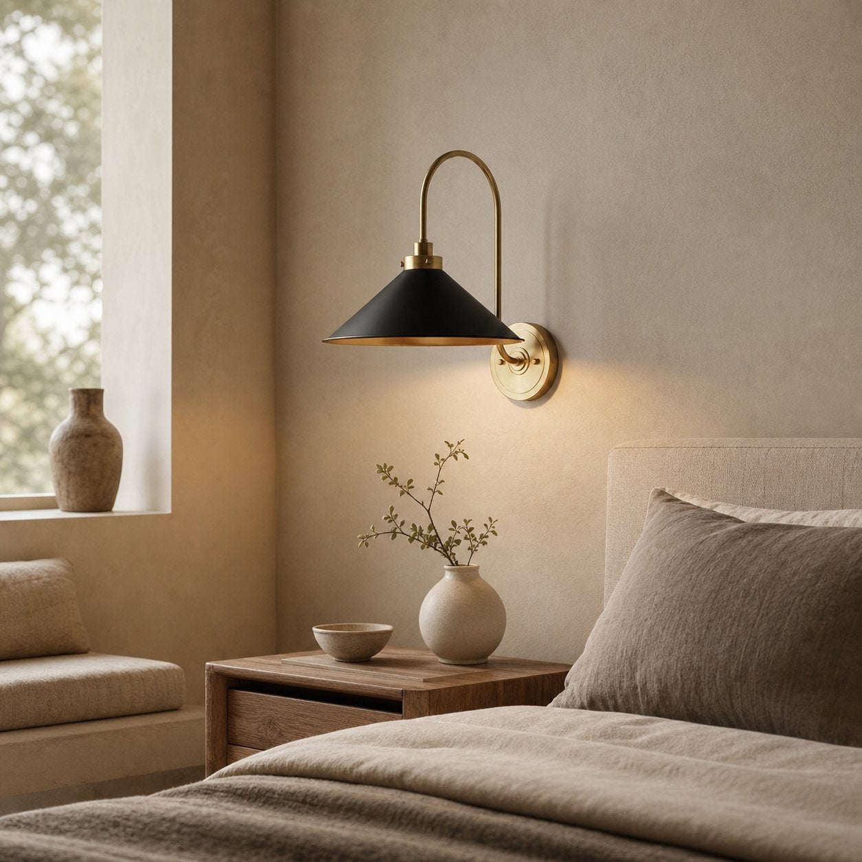 Ivoran Brass Gooseneck Wall Sconce - Curved Arm Dome Shade Light for Bedroom and Hallway