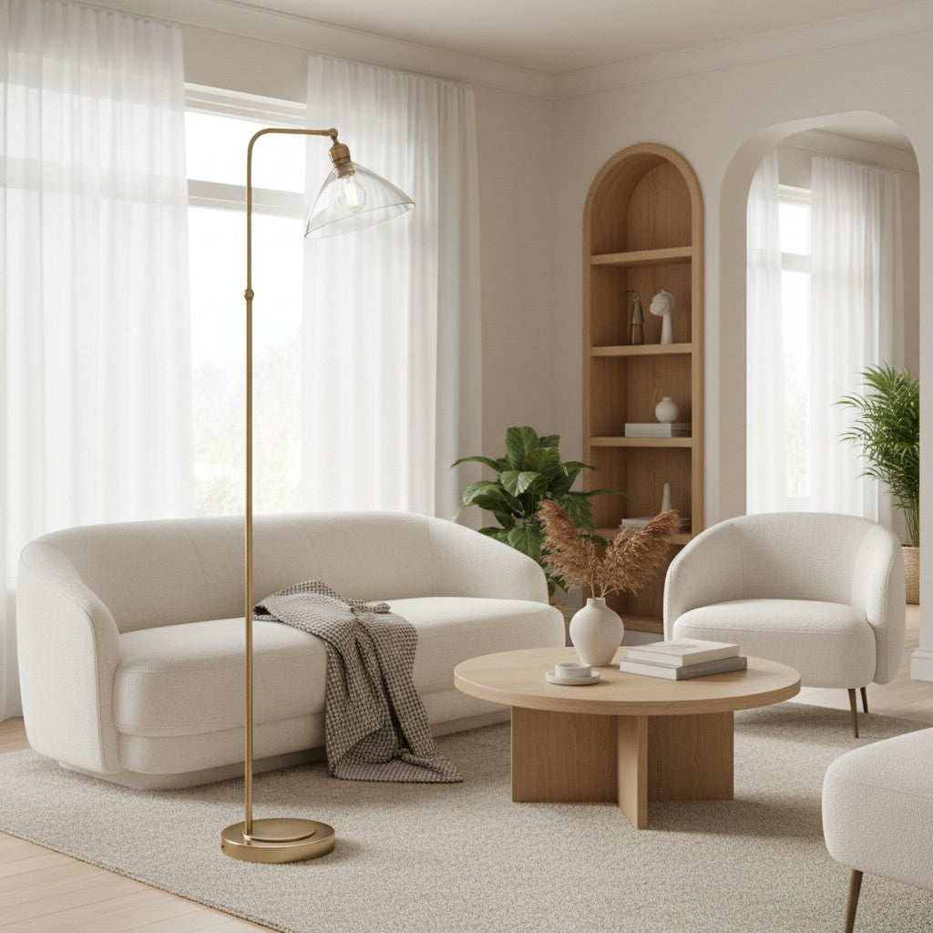 Clarione Art Deco Floor Lamp with Clear Glass Shade and Metal Base