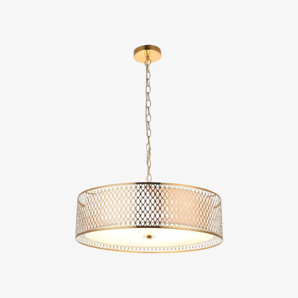 Liorin Geometric Pendant Lamp – Modern Fretwork Metal and Fabric Shade Pendant for Interiors