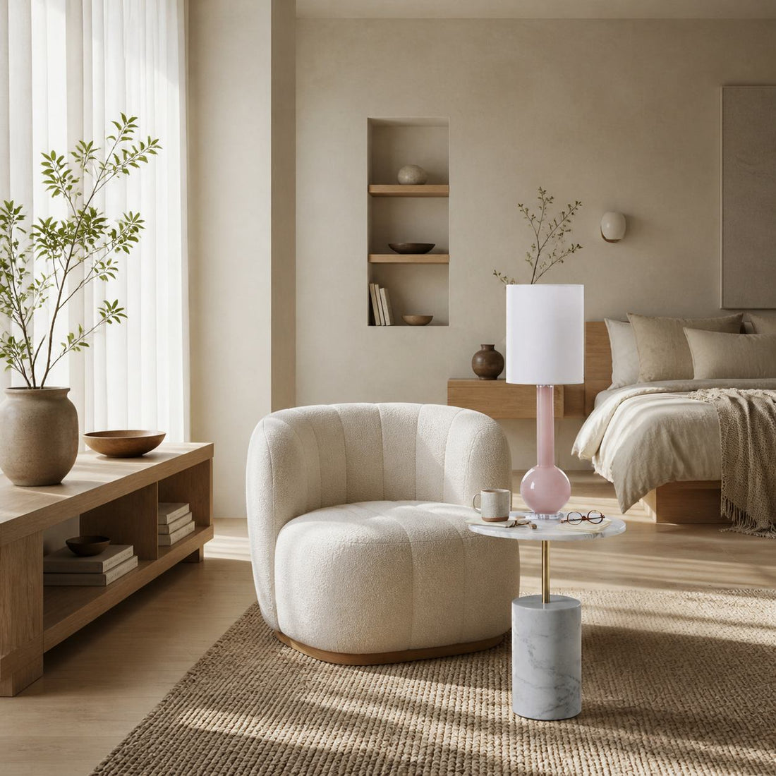 Savara Minimalist Table Lamp - Clean Glass Form with Fabric Shade for Bedrooms
