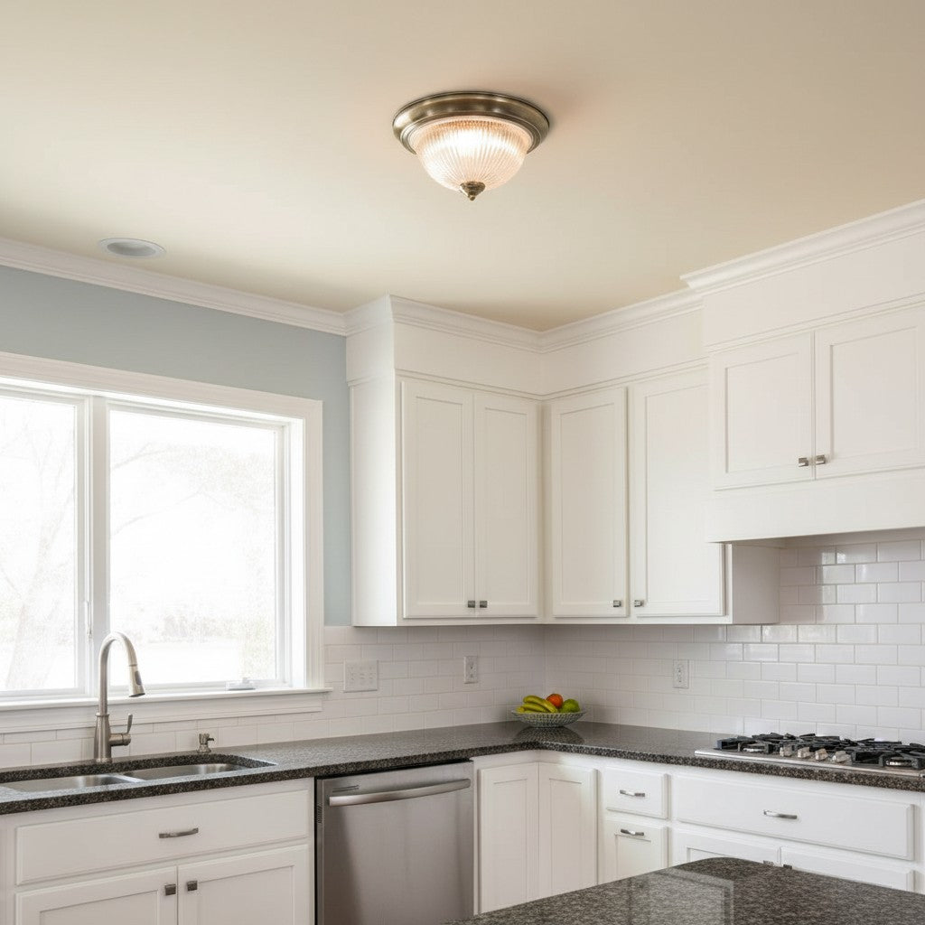 TF Vintora Modern Flush Ceiling Light – Ribbed Glass and Metal Trim for Kitchens or Hallways