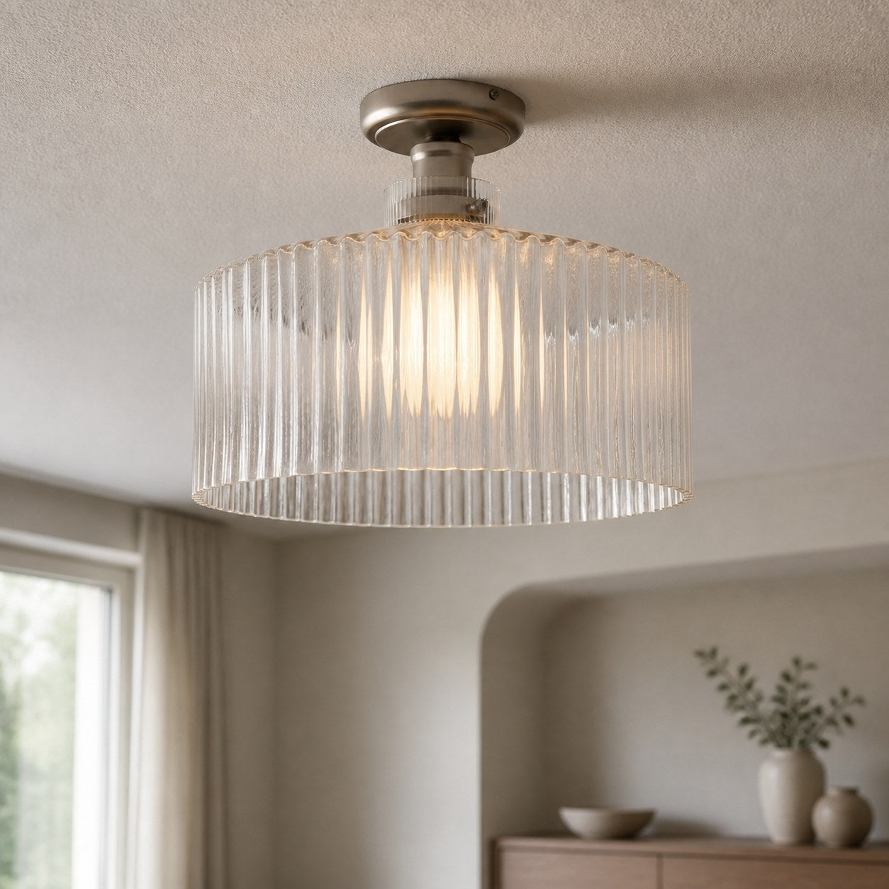 Ribora Vintage - Inspired Ribbed Glass Ceiling Lamp - Industrial Style Flush Mount for Modern Interiors U05