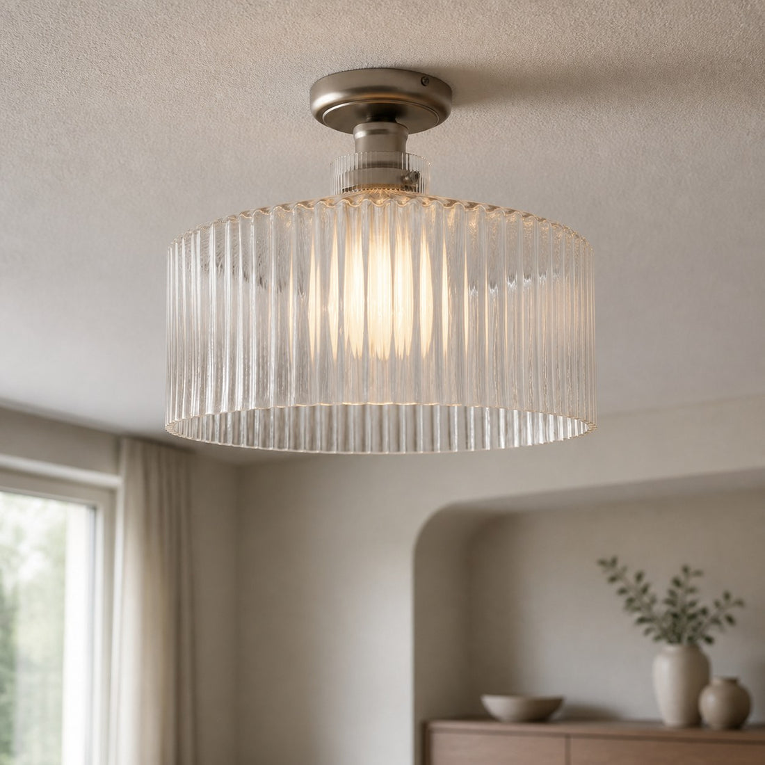 Ribora Vintage - Inspired Ribbed Glass Ceiling Lamp - Industrial Style Flush Mount for Modern Interiors U05