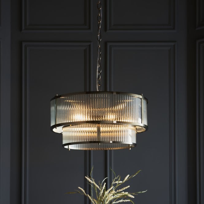 Two Tiered Ribbed Glass Pendant Lamp – Antique Brass Metal Light