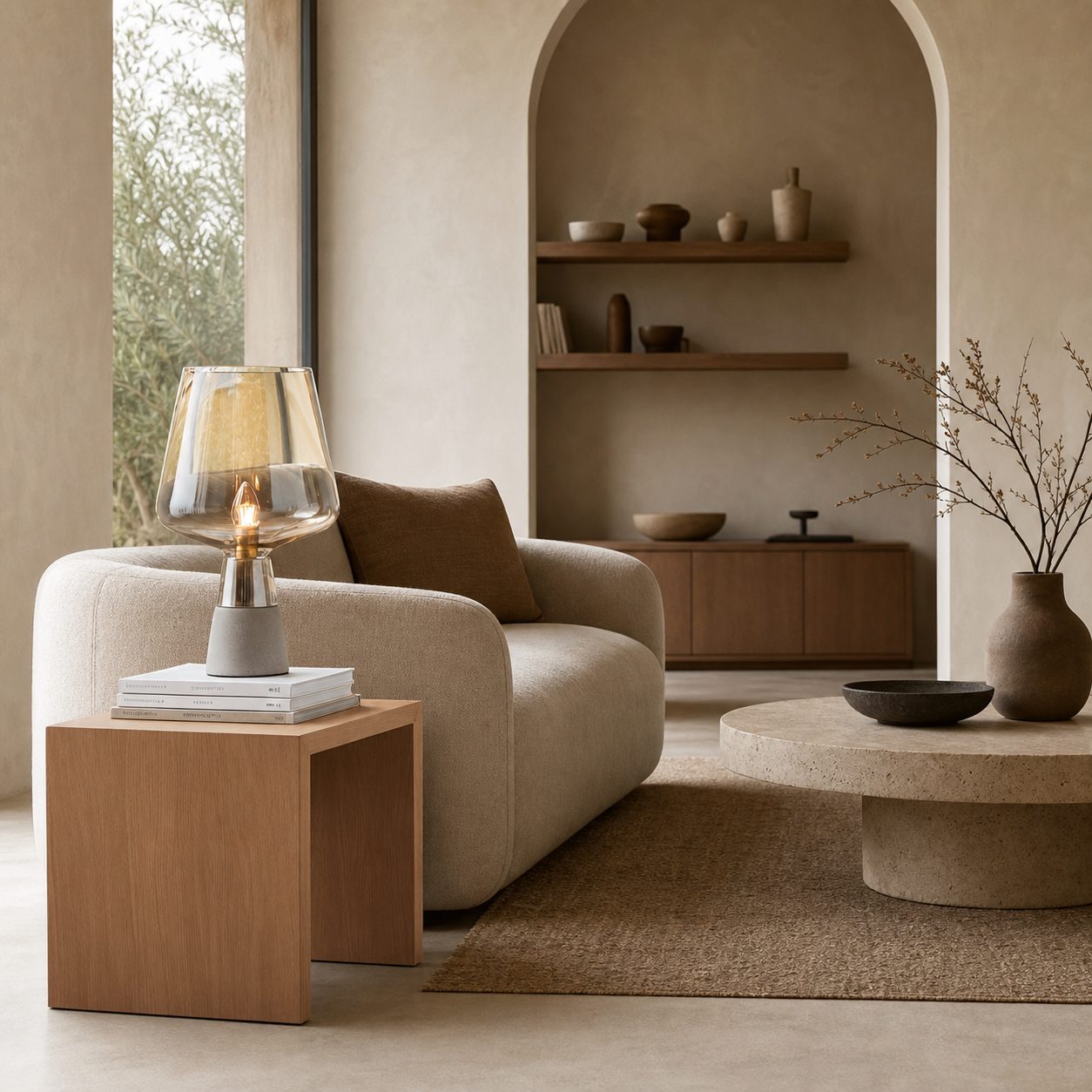 Concretea Industrial Table Lamp - Hand Blown Glass Globe with Concrete Base for Living Room