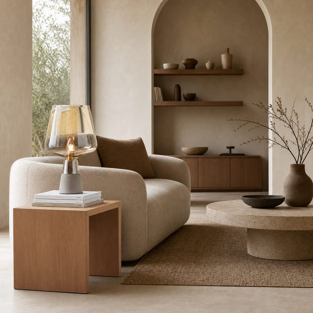 Concretea Industrial Table Lamp - Hand Blown Glass Globe with Concrete Base for Living Room