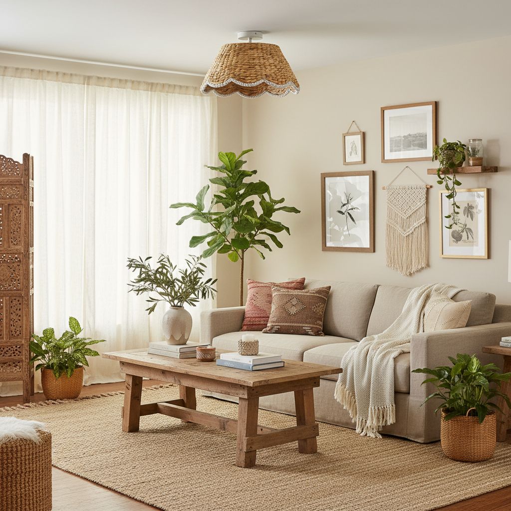 Ruvest Farmhouse Flush Mount Ceiling Light - Scallop Rattan for Warm Interiors