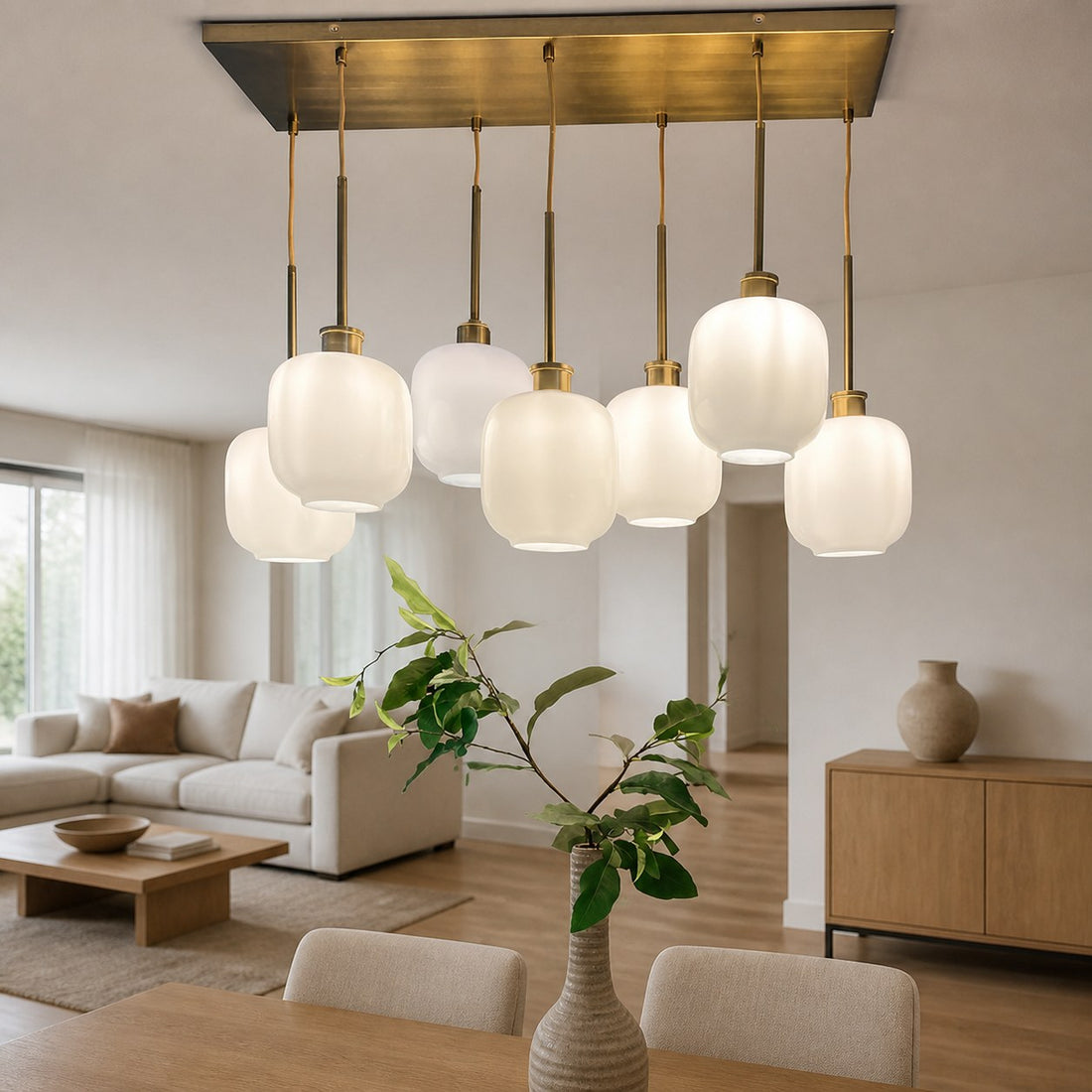 Lumivelle Sculptural 7-Light Chandelier – Adjustable Height Modern Glass Pendant