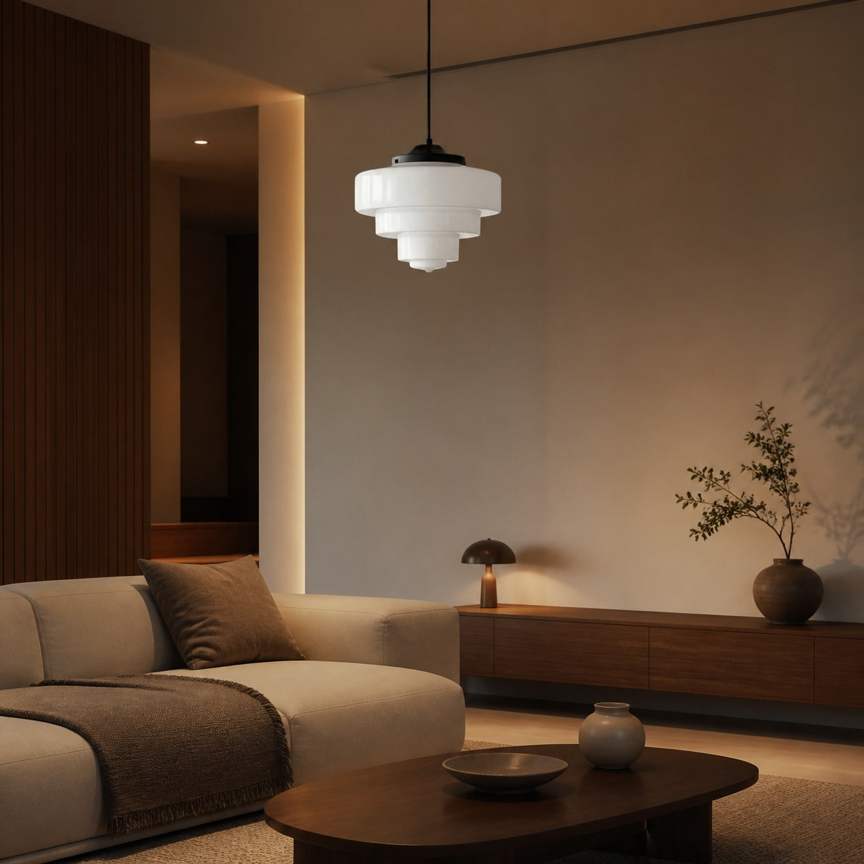 Geotower Glass Brass Pendant Light – Art Deco Opal Globe Ceiling Fixture