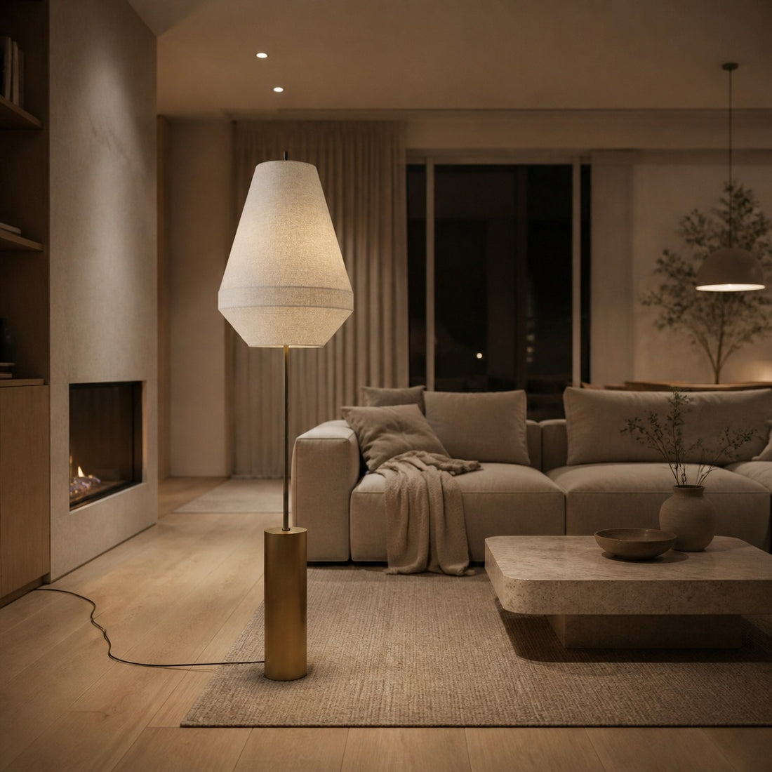 Zalen Floor Lamp - Layered Linen Pendant Design Aged Brass-Metal Lamp for Living Room