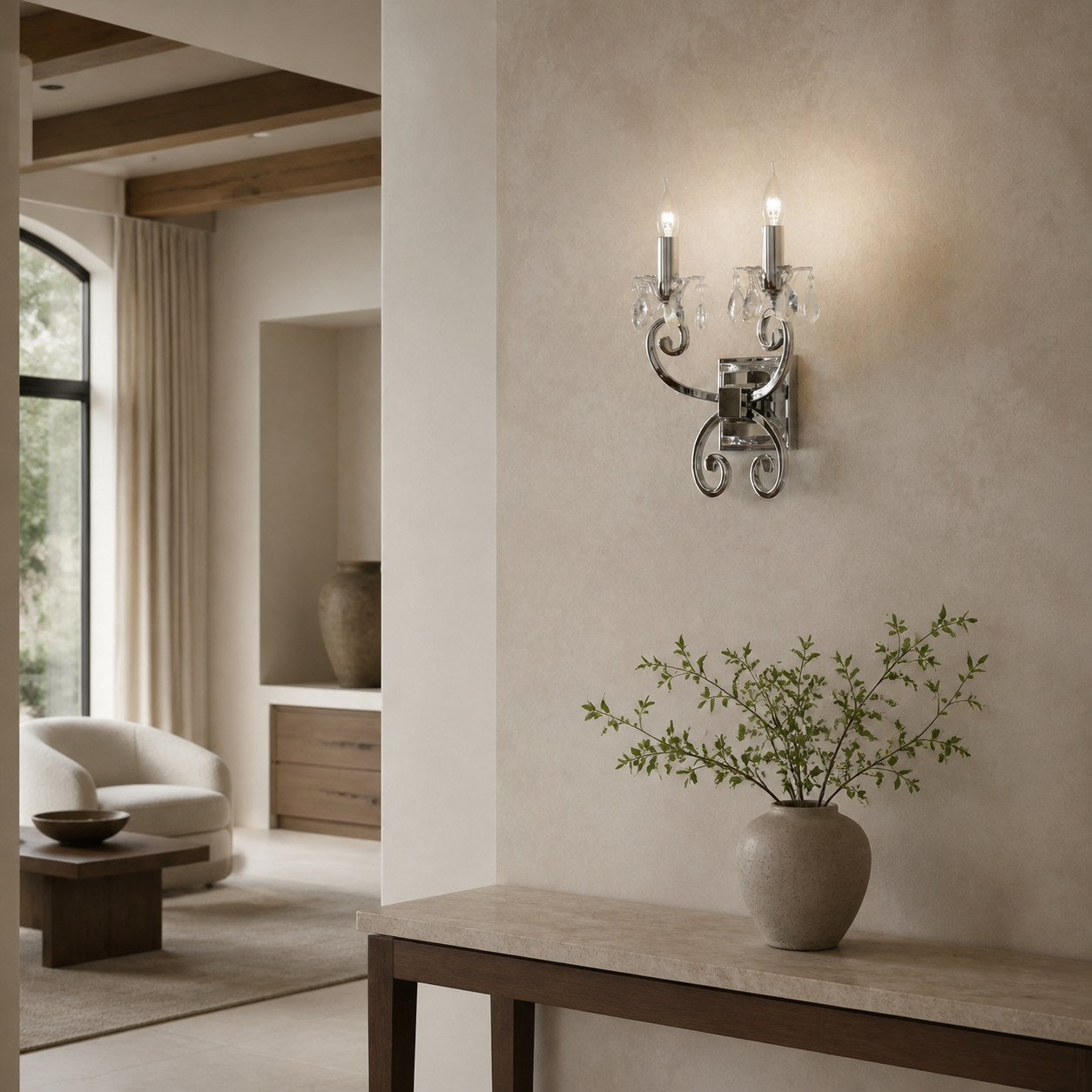 Talonis Crystal Accent Wall Light – Curved Chrome Arm Design for Living and Hallway Spaces