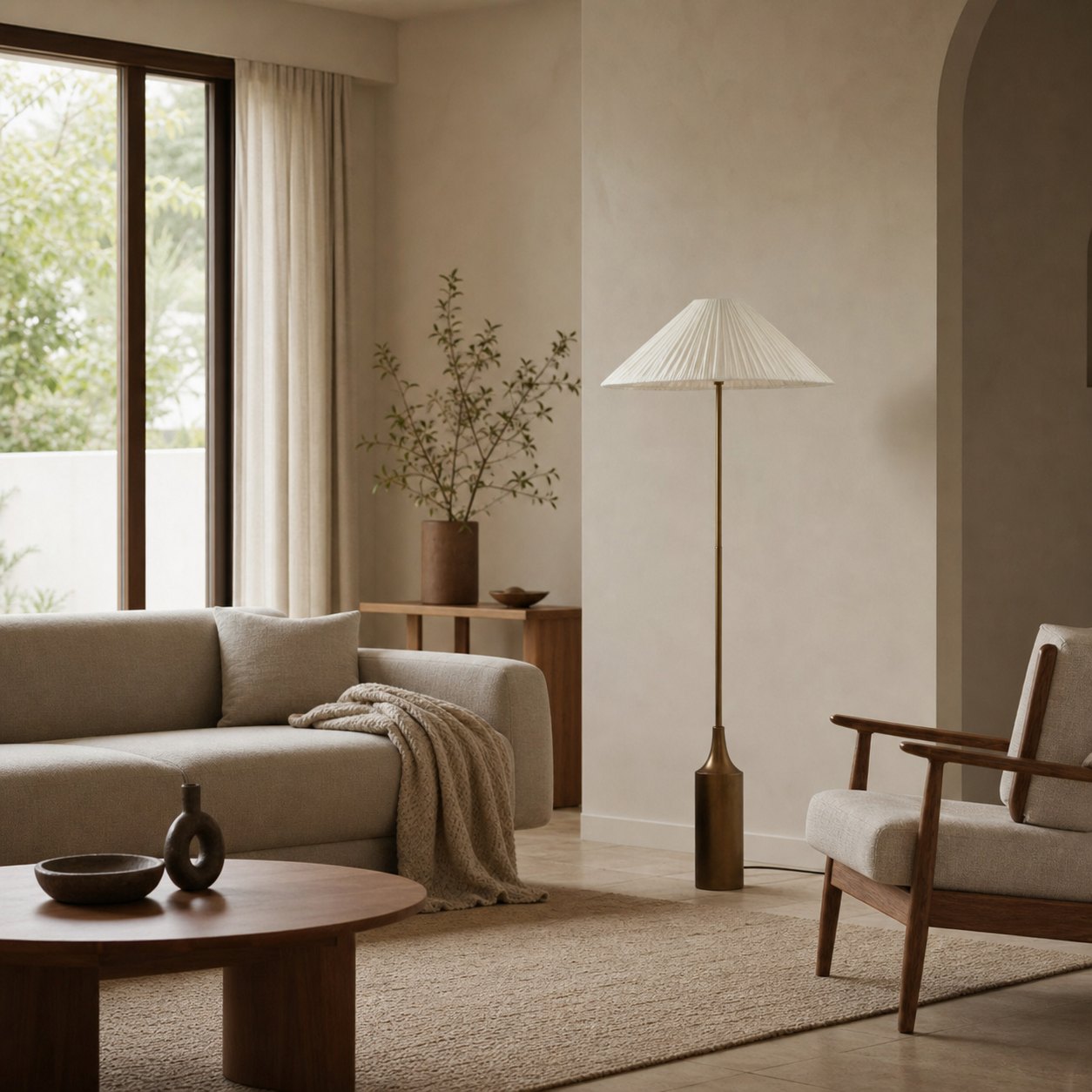 Lindi - aged brass and linen scalloped floor lamp