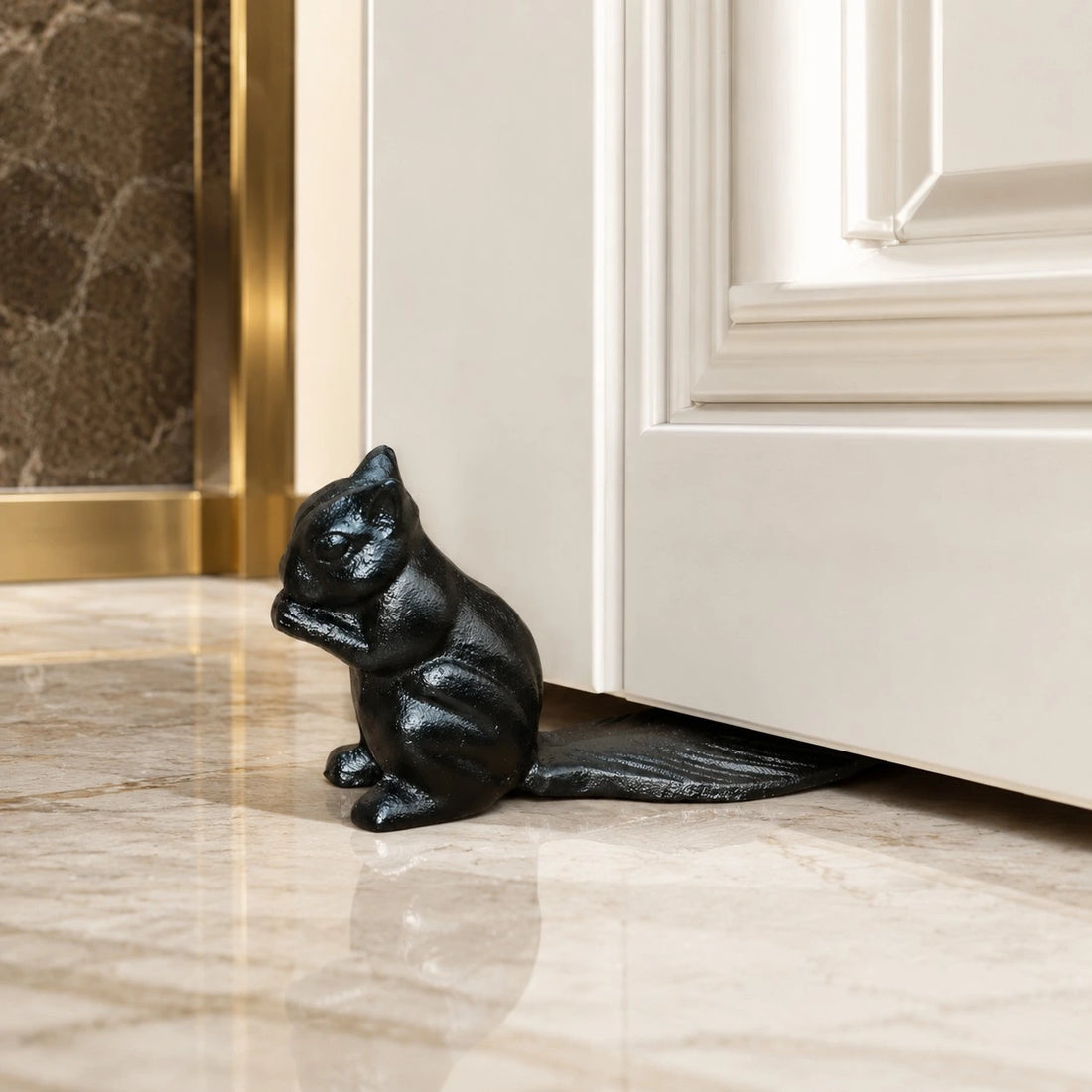 Iron Black Guardian door stopper beside a white door
