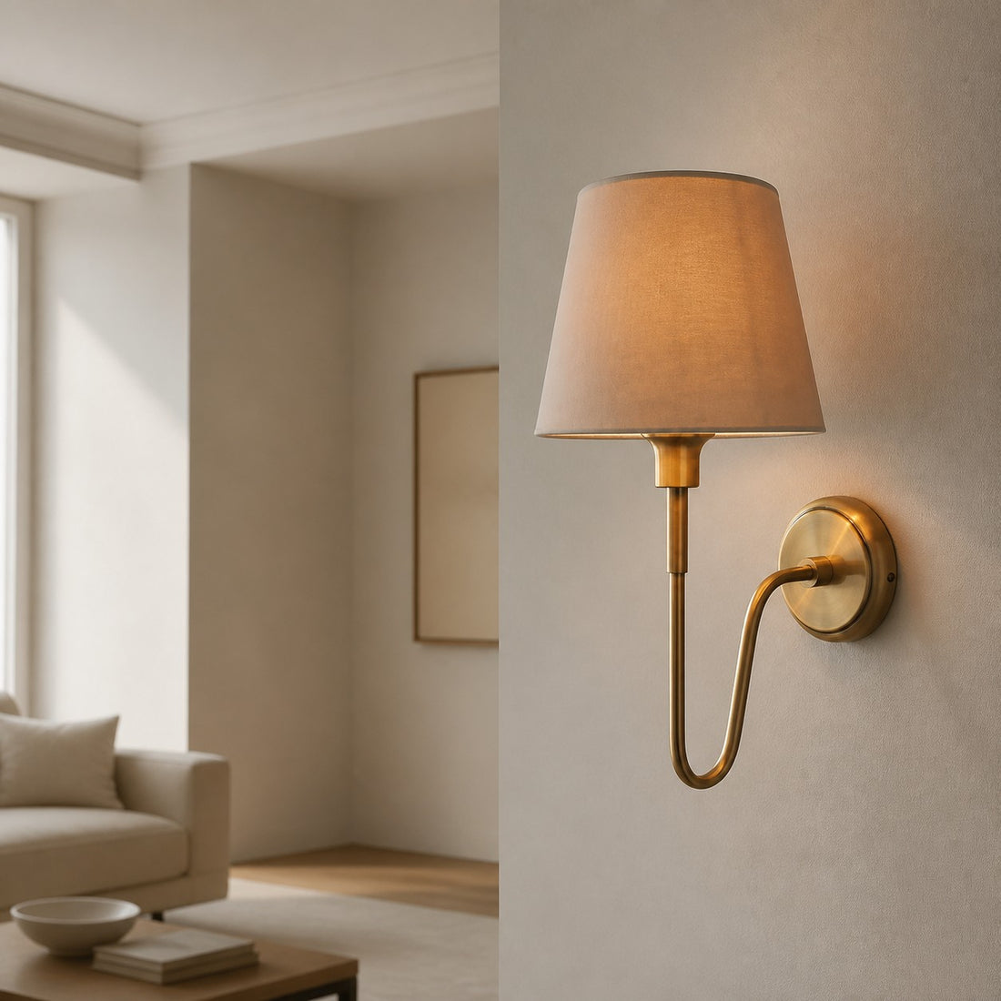 Ivoralux Tapered Fabric Wall Light – Modern Classic Curved Arm Sconce for Hallways or Bedrooms