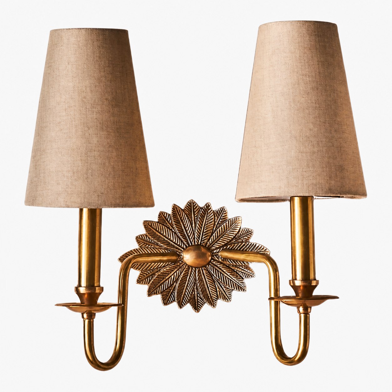 Duova Double Sconce – Antique Brass Metal and Linen Shades for Bedroom or Study