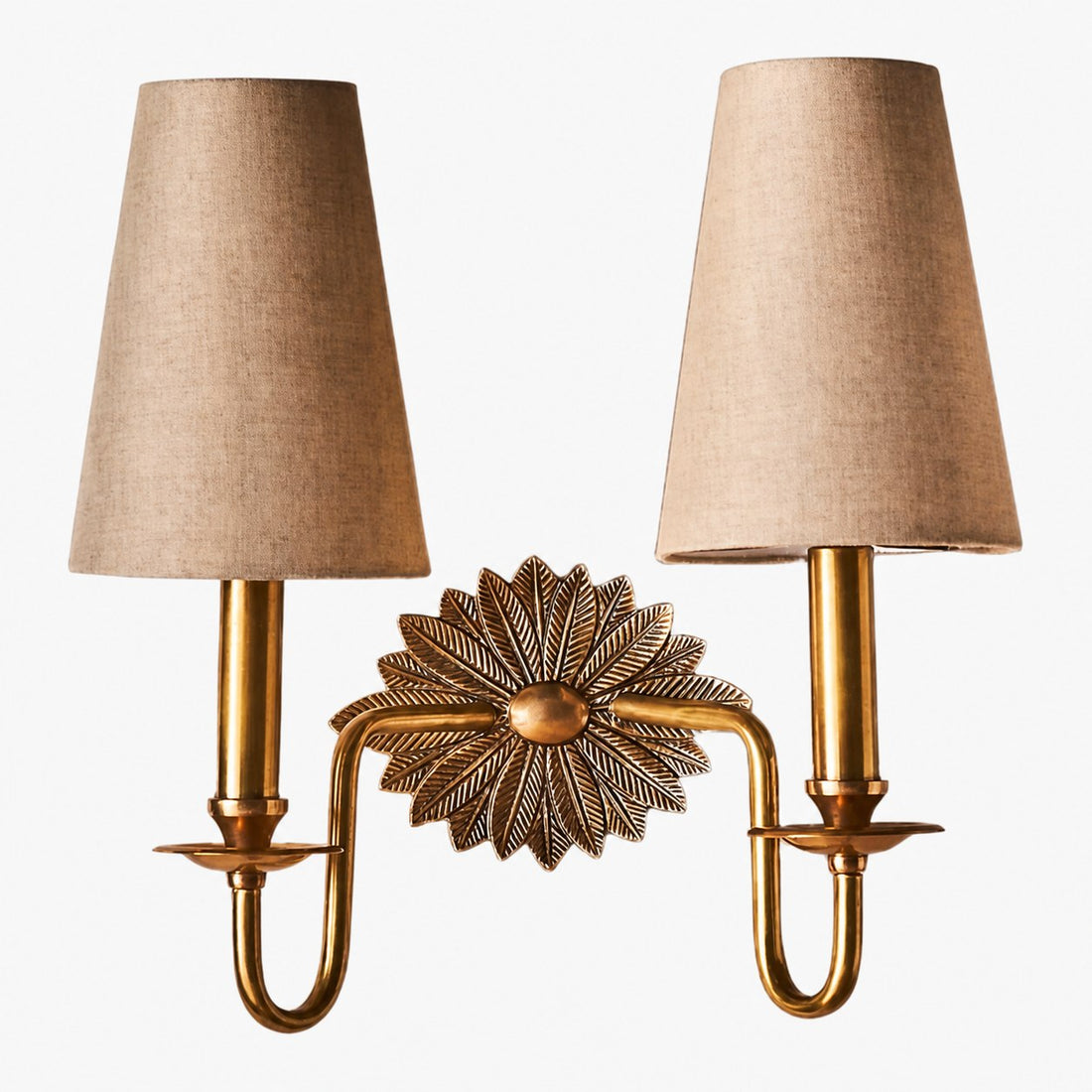 Duova Double Sconce – Antique Brass Metal and Linen Shades for Bedroom or Study