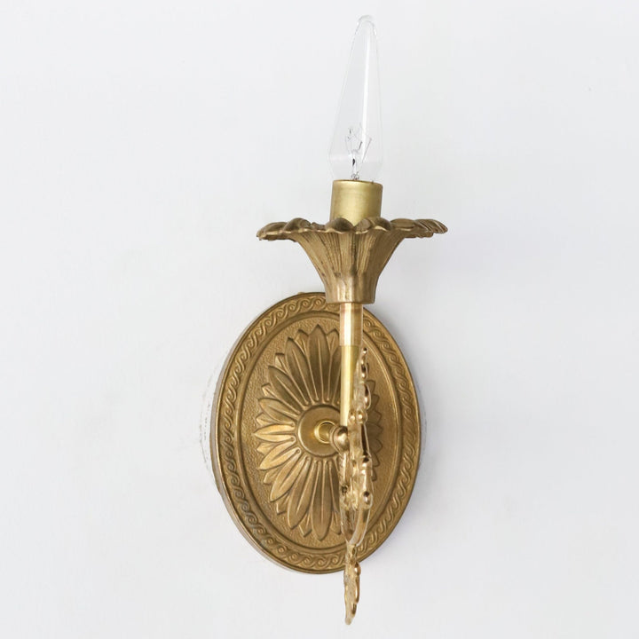 Victorian Inspired Brass Sconce Wall Light - Floral Cup & Leaf Arm Accent